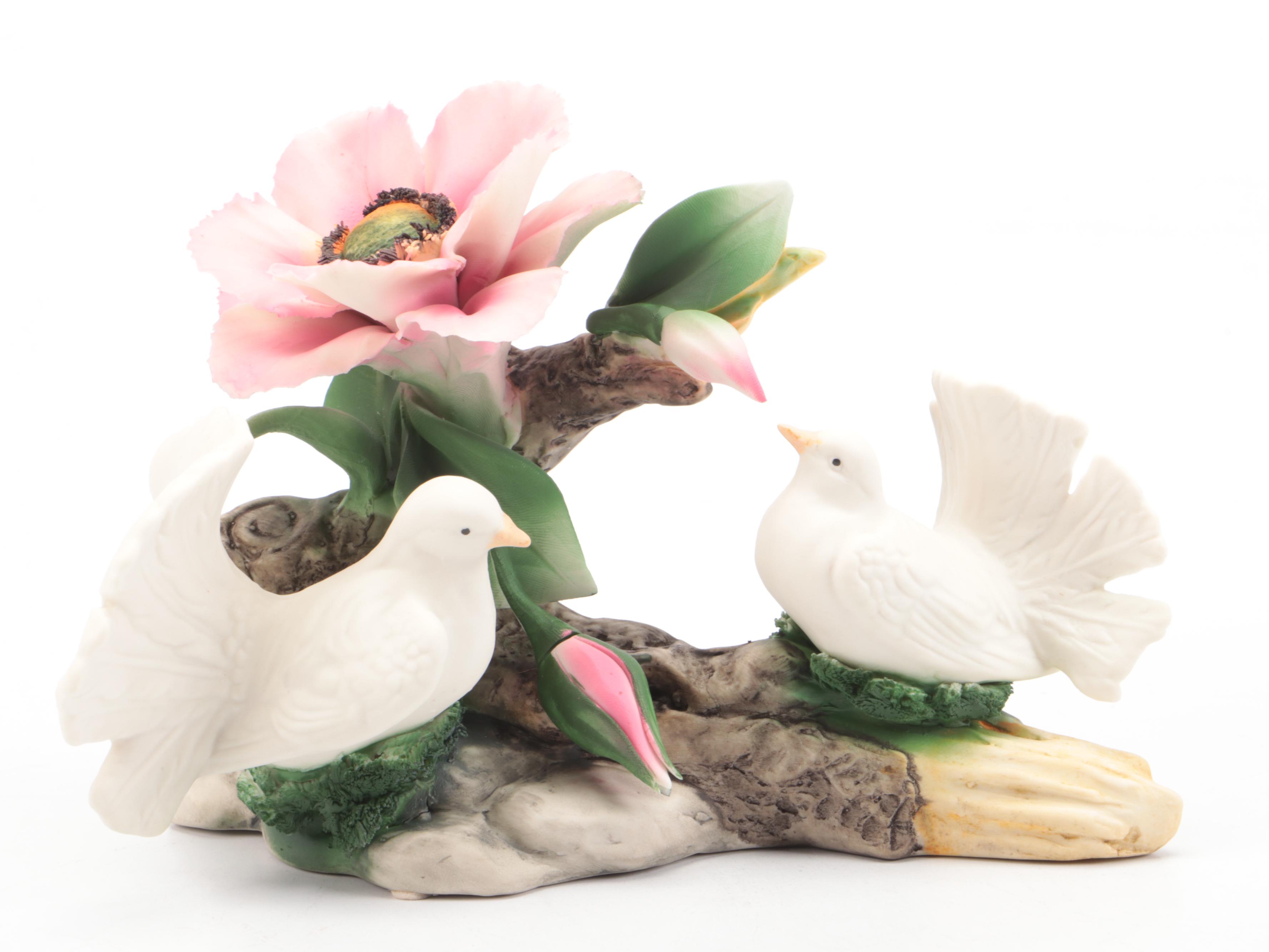 Capodimonte Porcelain Birds with Anemone and Art Nouveau Bronze Desk Clock