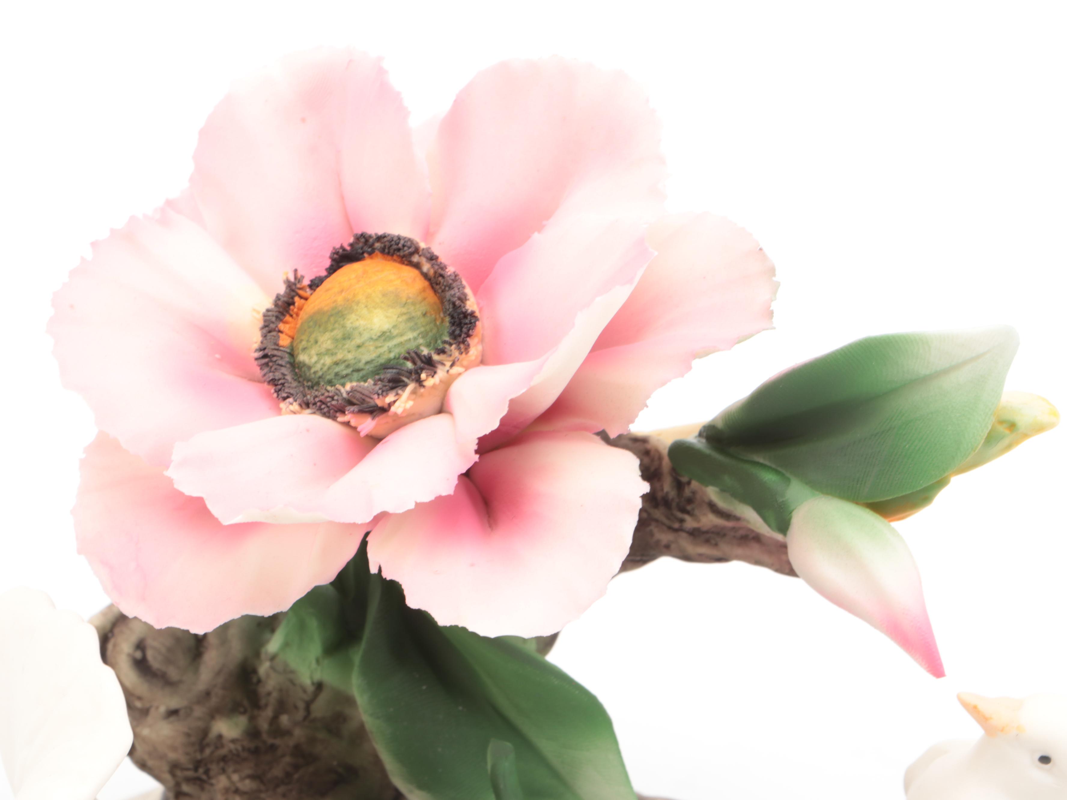 Capodimonte Porcelain Birds with Anemone and Art Nouveau Bronze Desk Clock