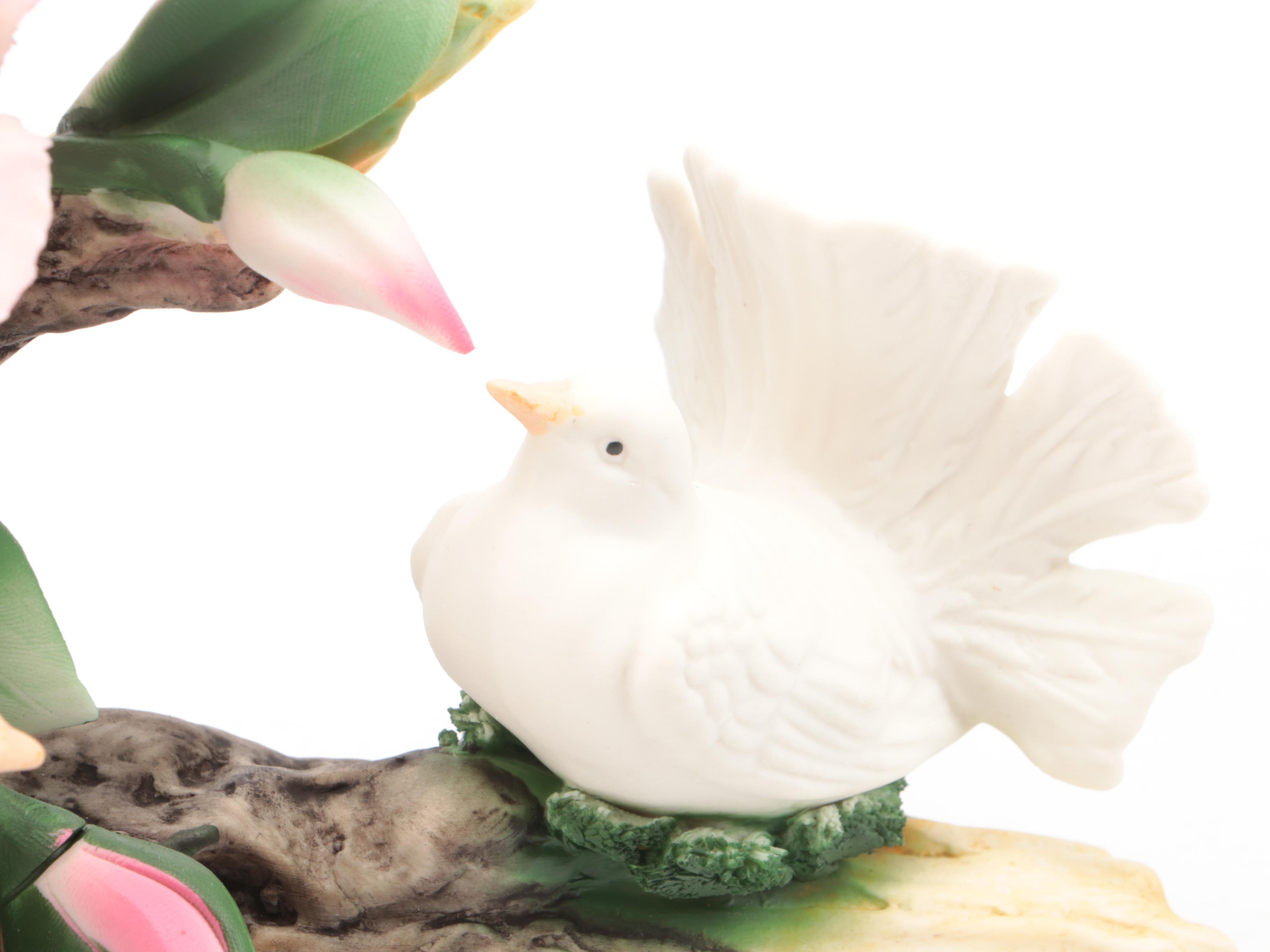 Capodimonte Porcelain Birds with Anemone and Art Nouveau Bronze Desk Clock