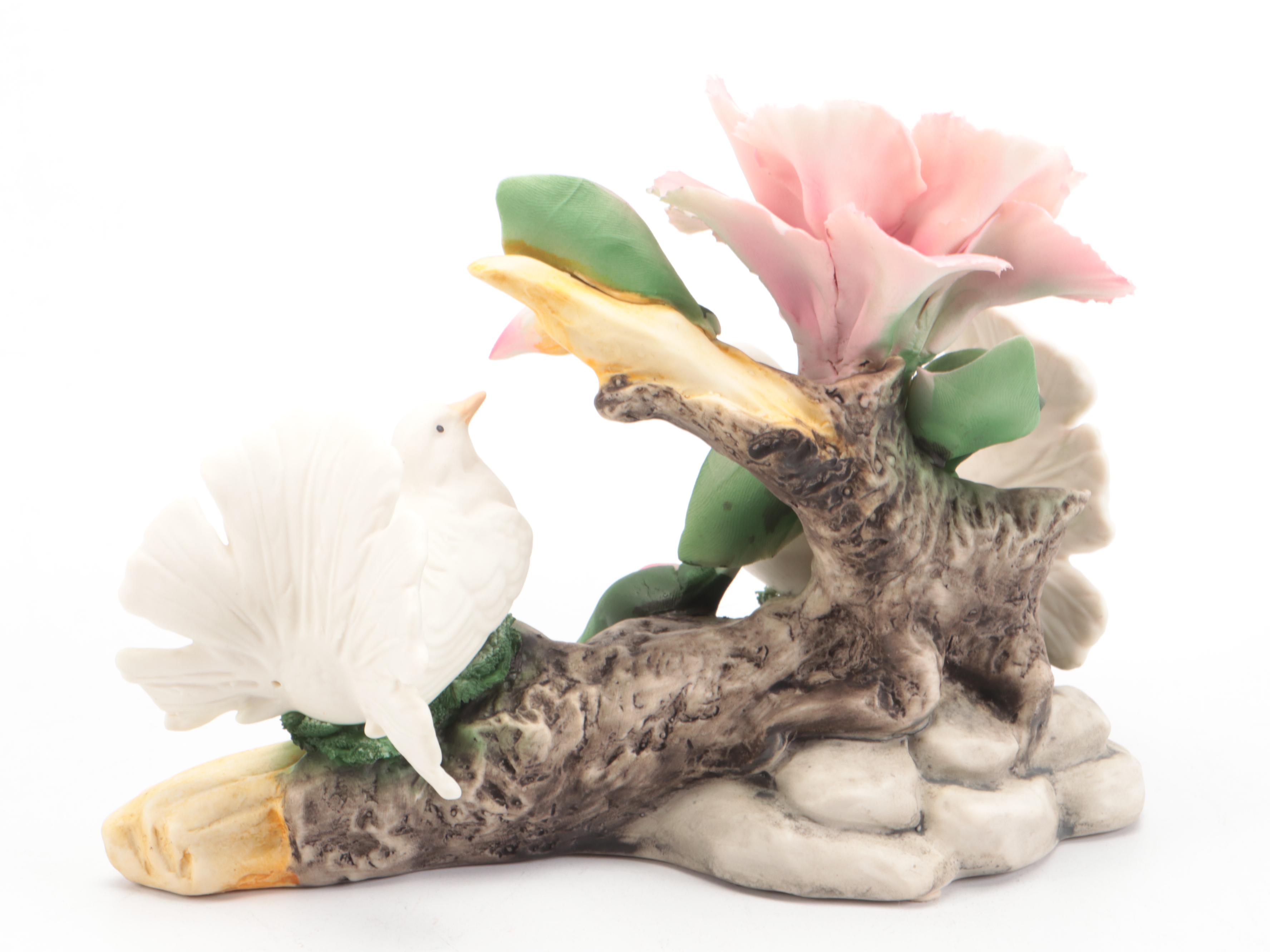 Capodimonte Porcelain Birds with Anemone and Art Nouveau Bronze Desk Clock