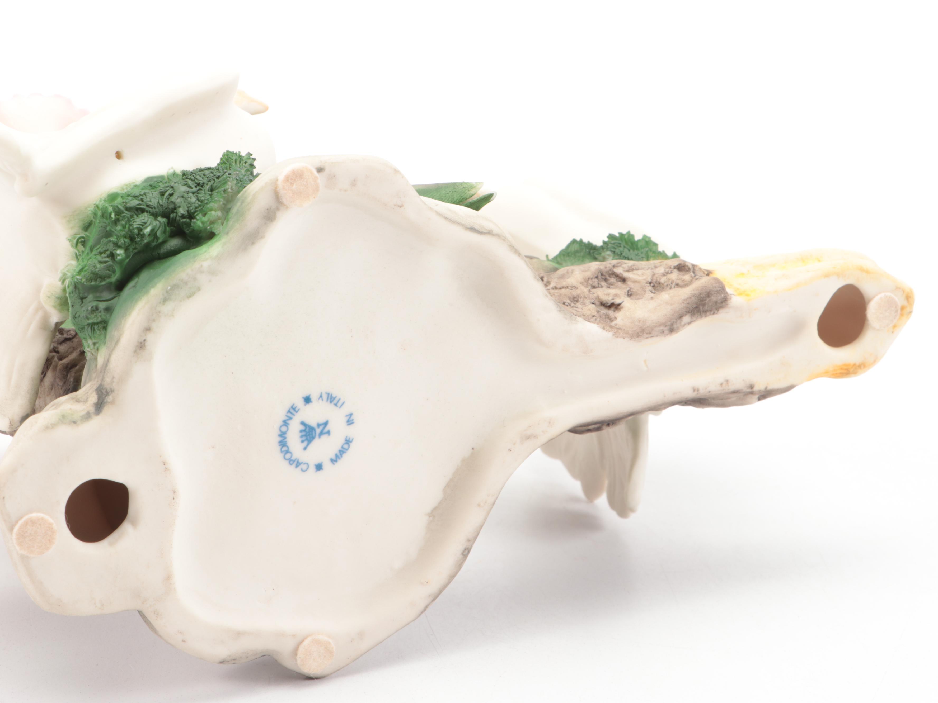 Capodimonte Porcelain Birds with Anemone and Art Nouveau Bronze Desk Clock