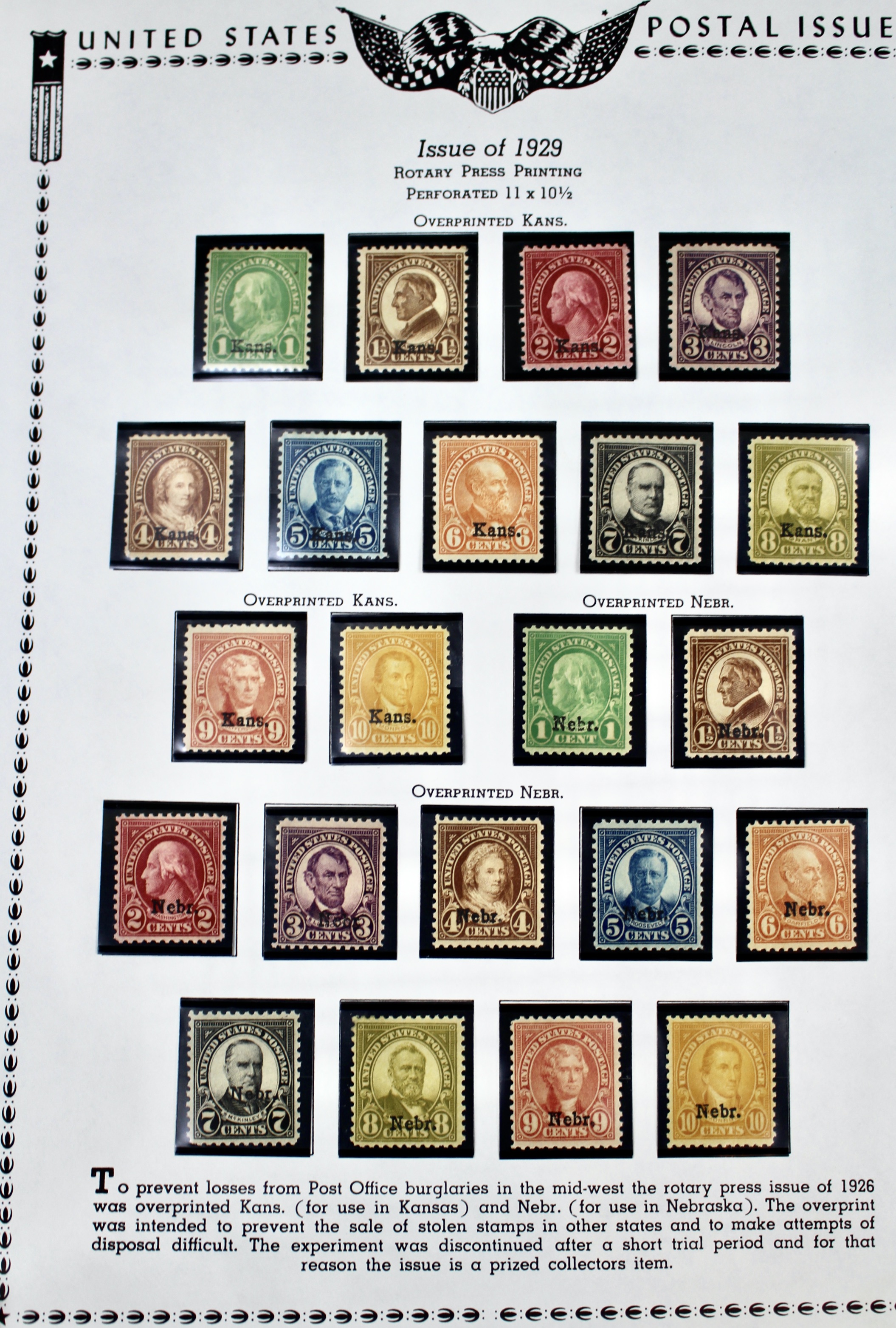 Set of Kansas-Nebraska Overprint Postage Stamps, 1929, MH