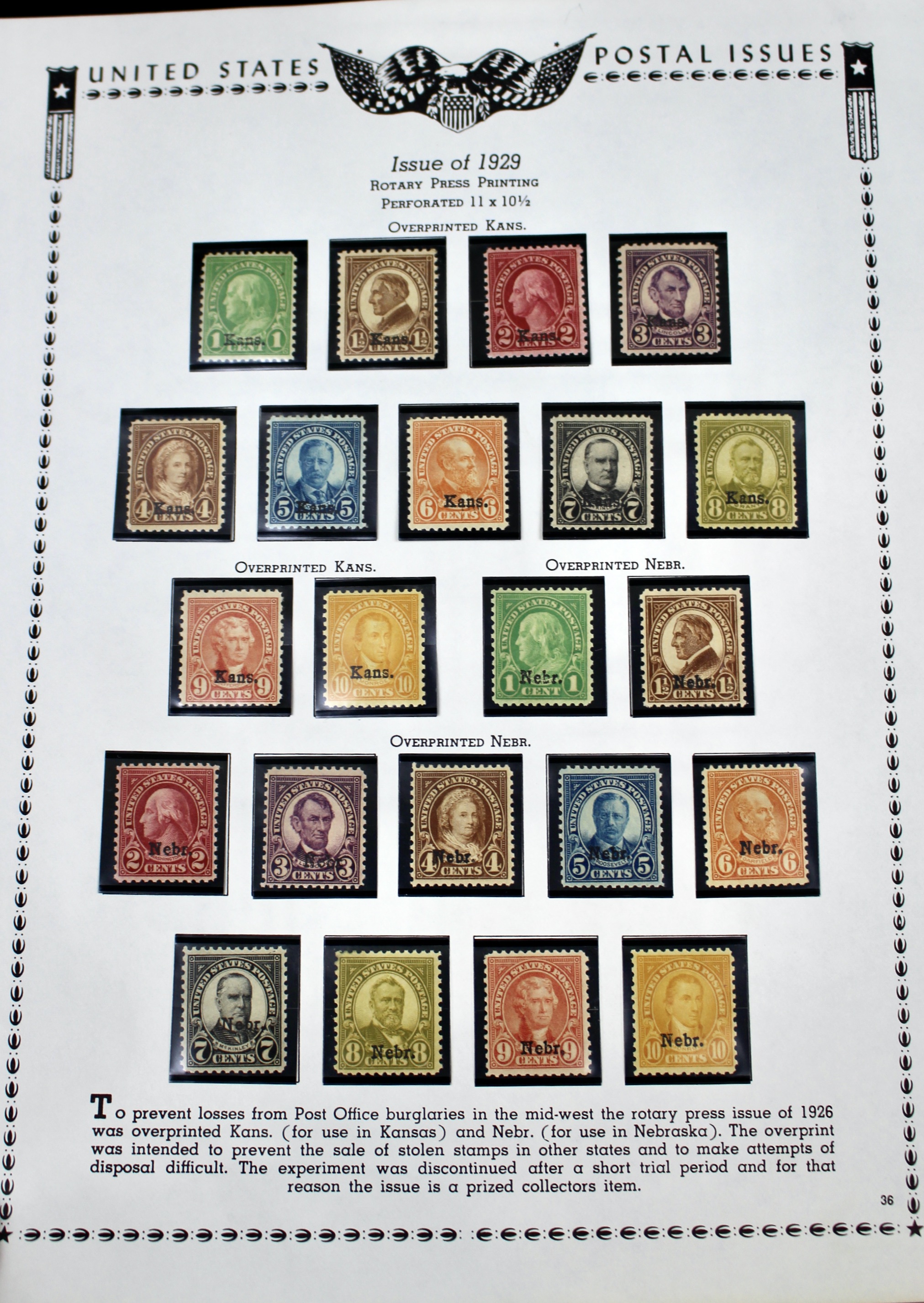Set of Kansas-Nebraska Overprint Postage Stamps, 1929, MH