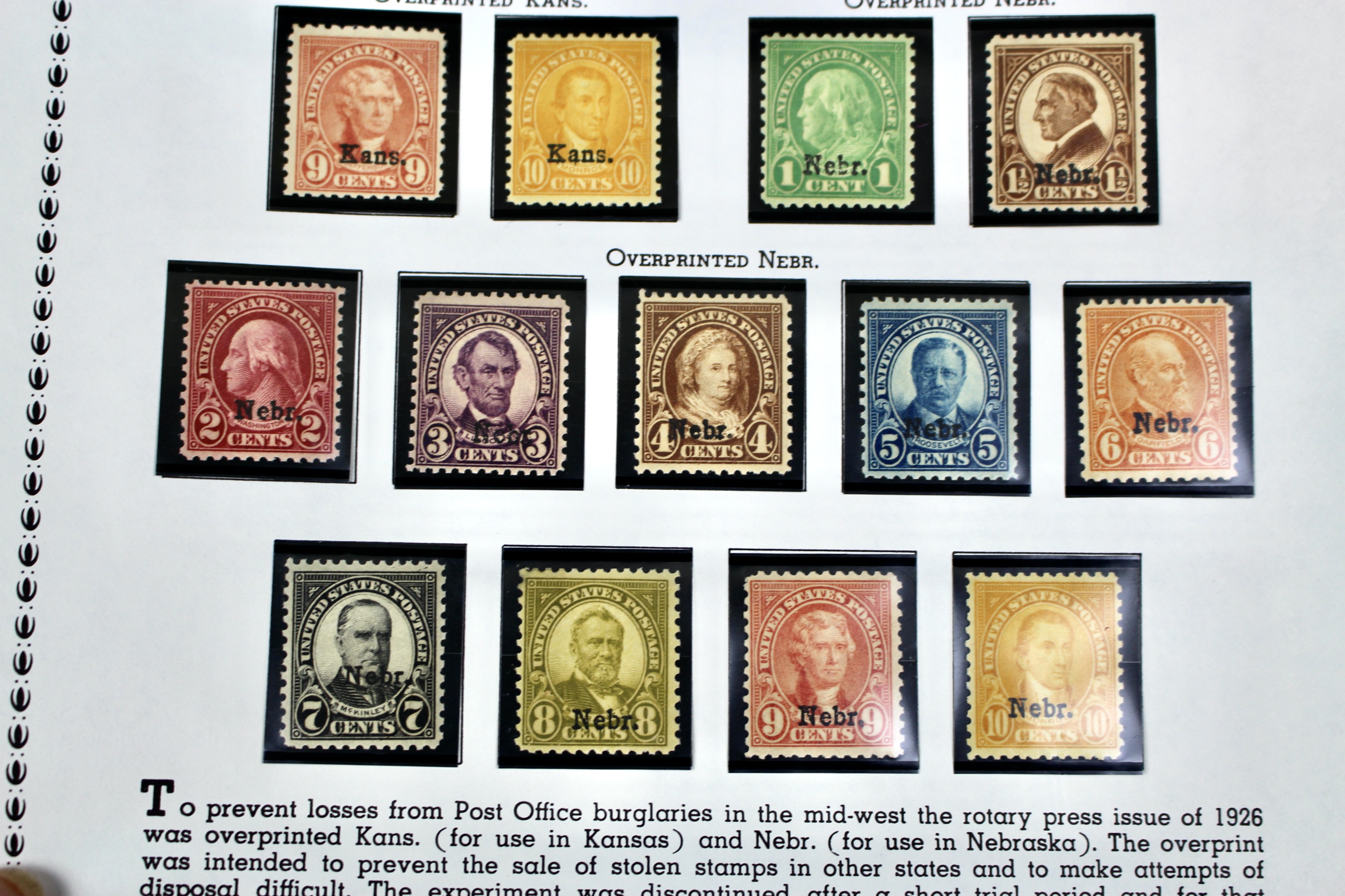 Set of Kansas-Nebraska Overprint Postage Stamps, 1929, MH