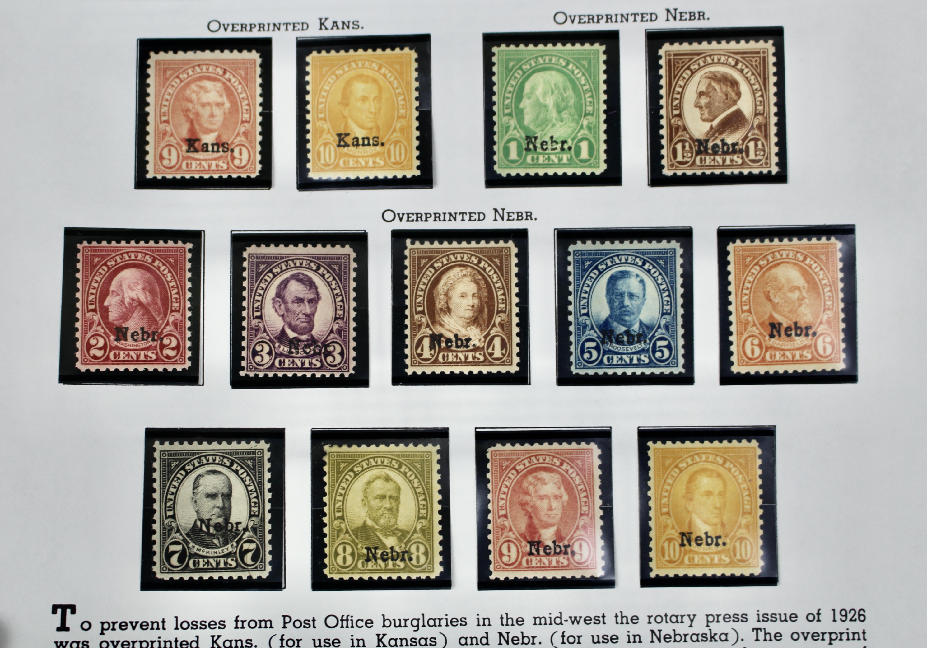Set of Kansas-Nebraska Overprint Postage Stamps, 1929, MH