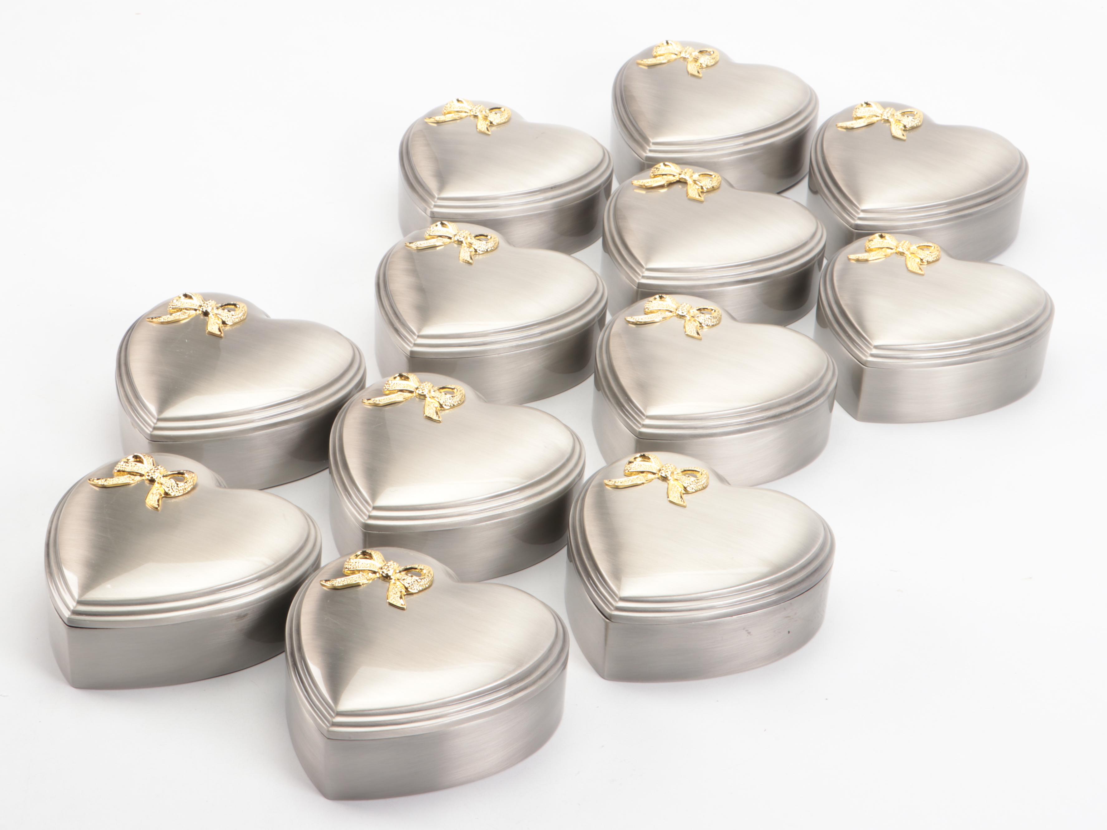 Set of Twelve Brushed Metal Heart-Shaped Decorative Boxes