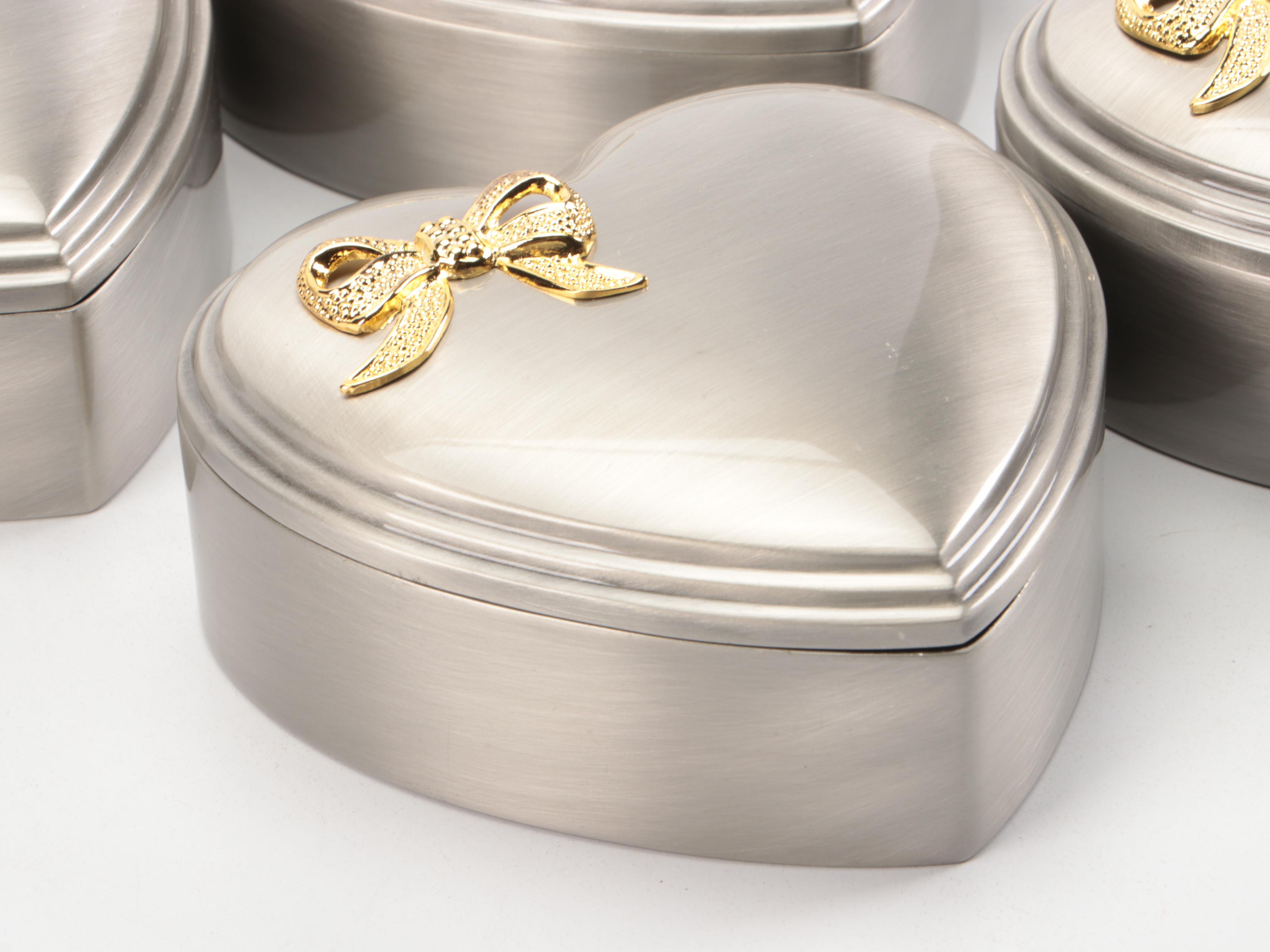 Set of Twelve Brushed Metal Heart-Shaped Decorative Boxes