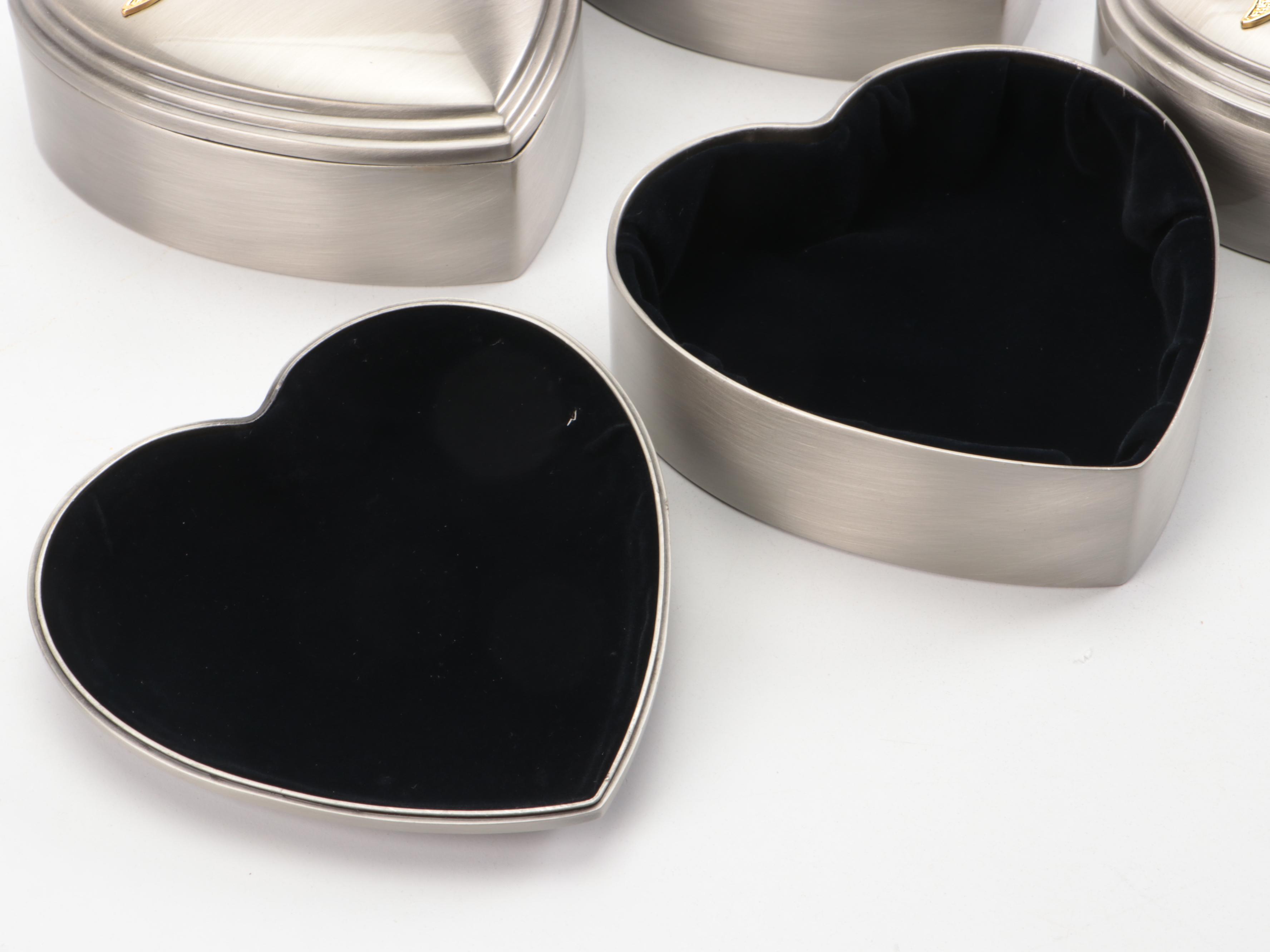 Set of Twelve Brushed Metal Heart-Shaped Decorative Boxes