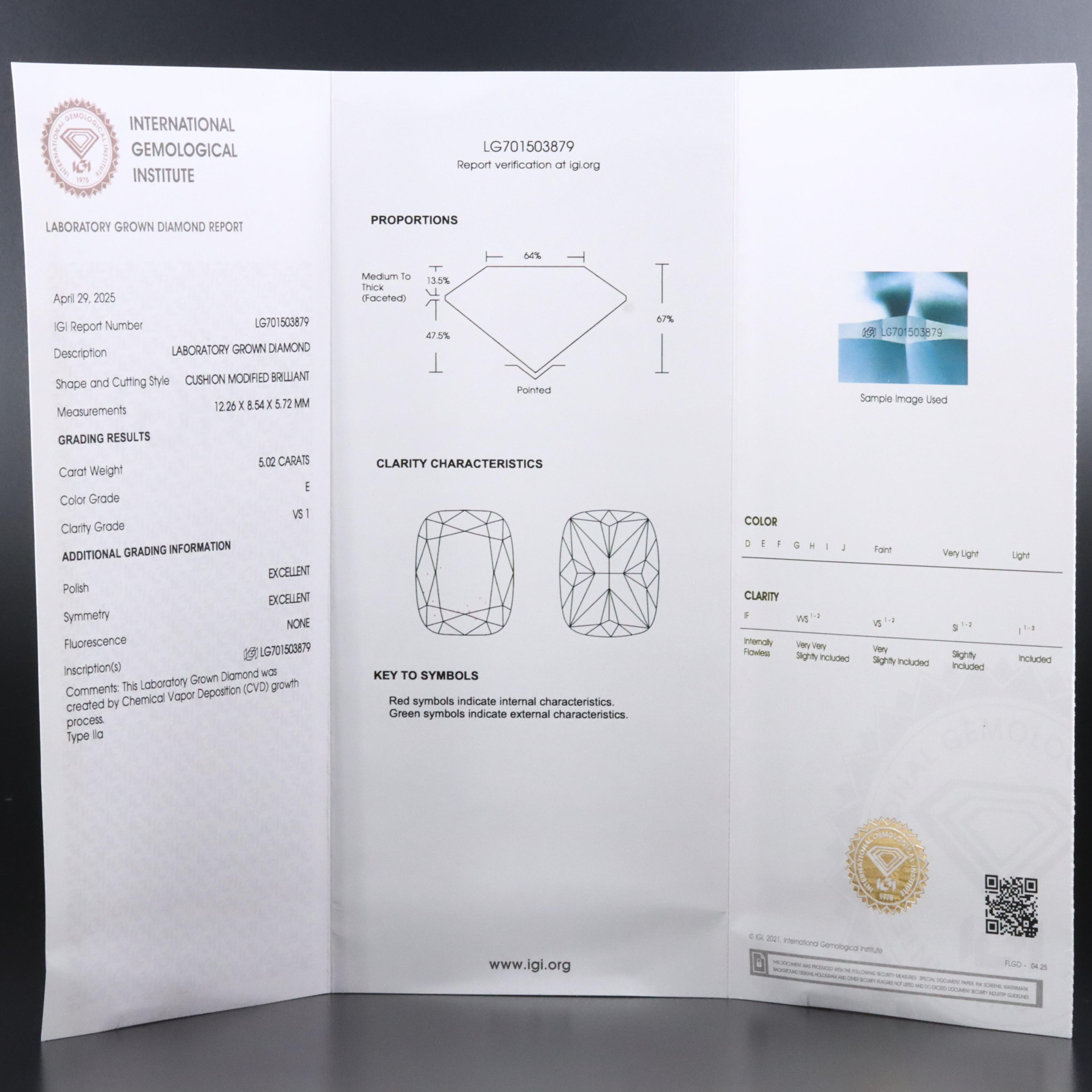 Loose 5.02 CT Lab Grown Diamond with IGI Report