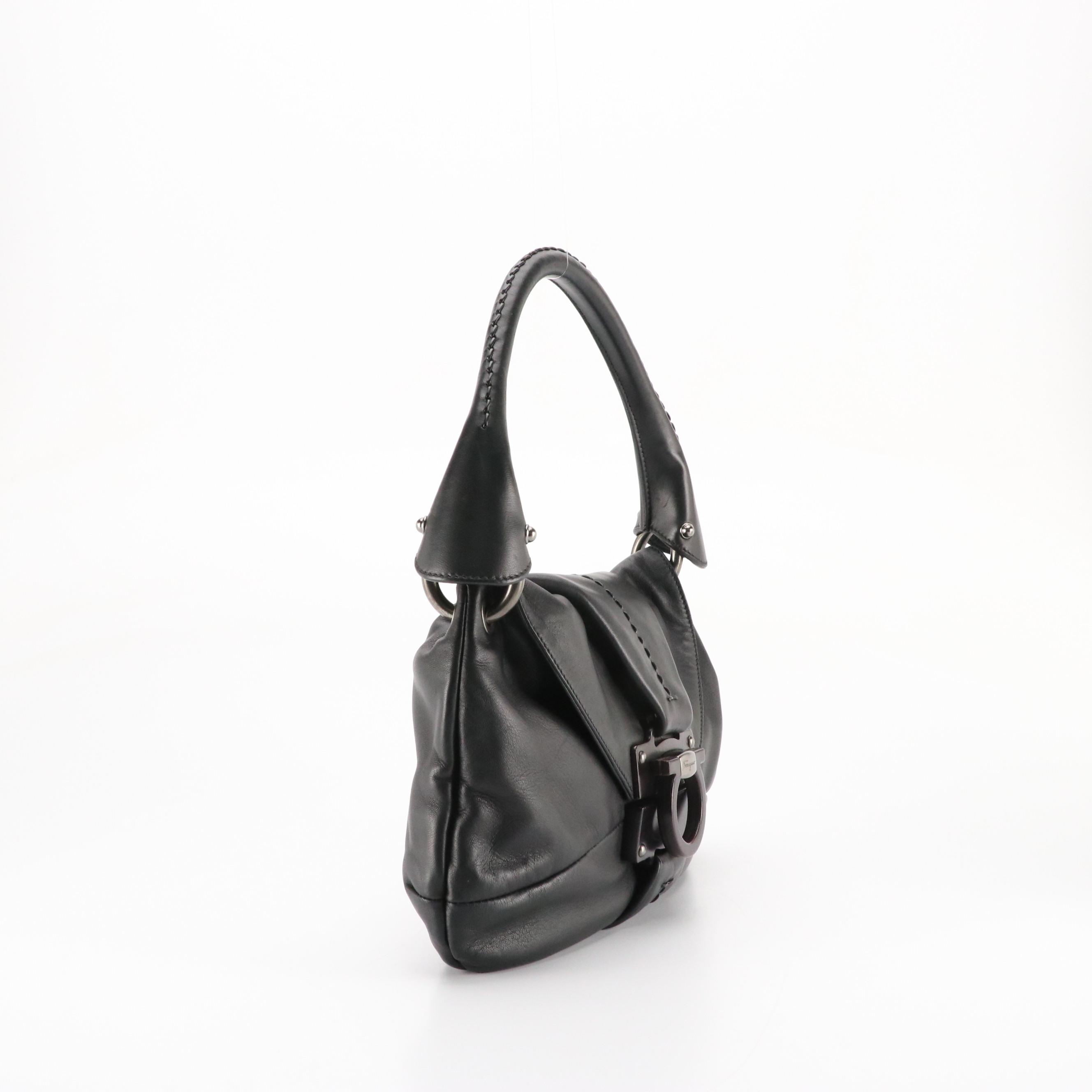 Salvatore Ferragamo Black Leather Flap Bag with Wooden Gancini Clasp