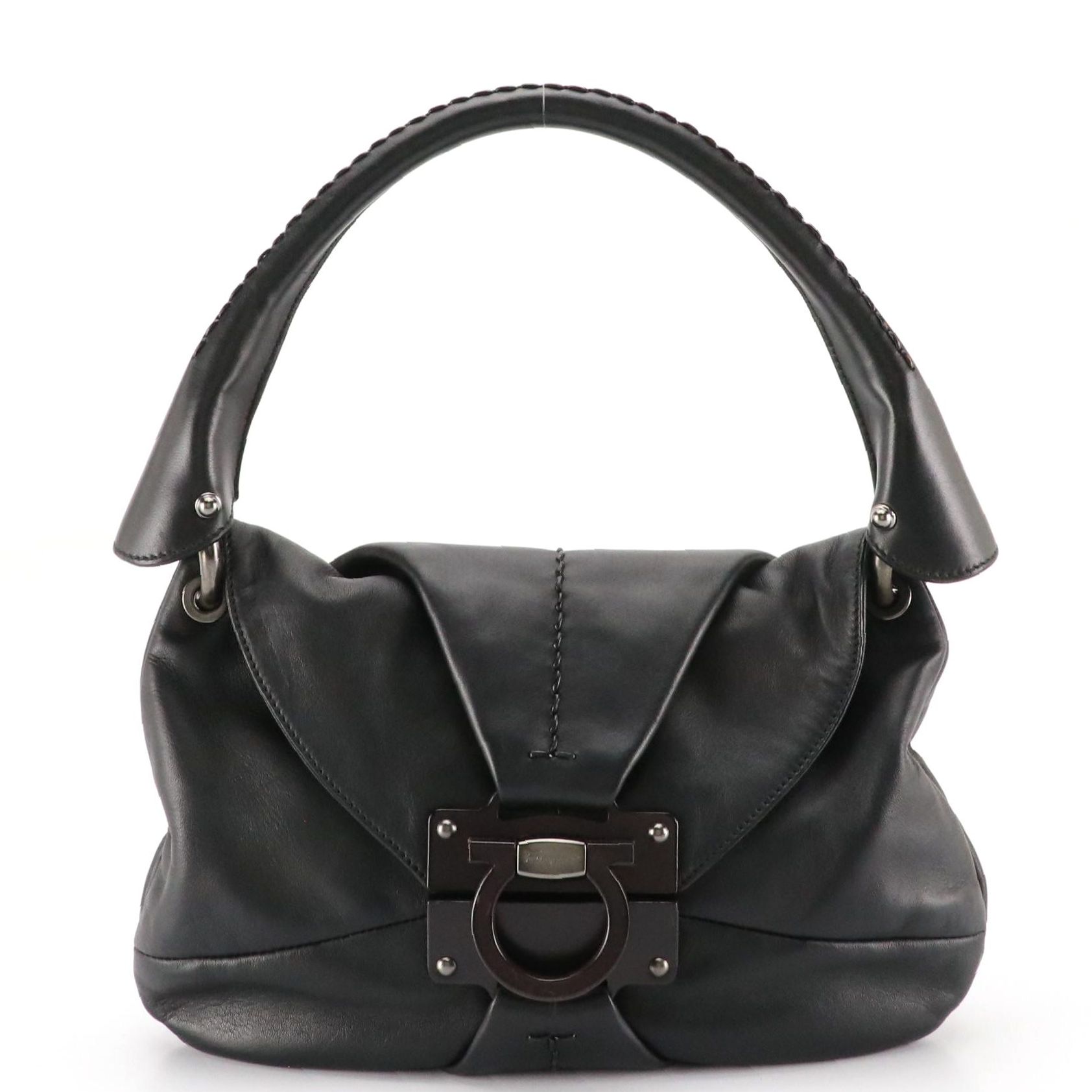 Salvatore Ferragamo Black Leather Flap Bag with Wooden Gancini Clasp