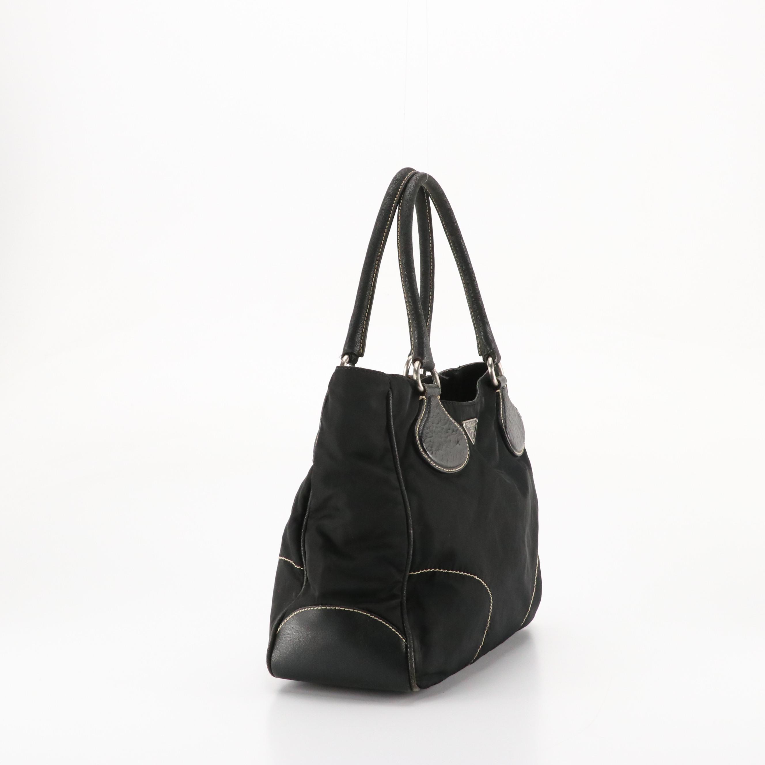 Prada Black Tessuto Nylon and Leather Tote Bag with Contrast Stitching