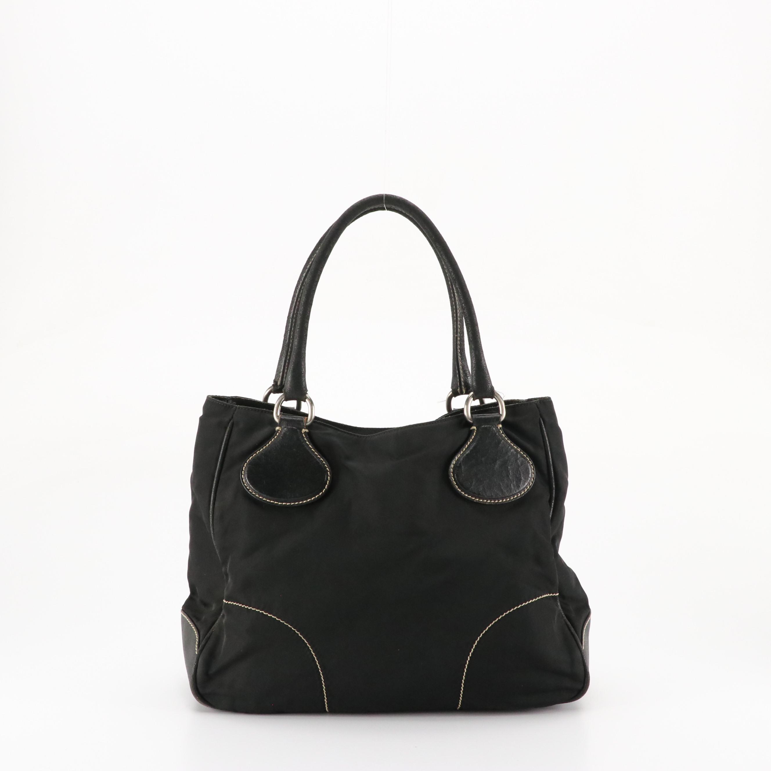 Prada Black Tessuto Nylon and Leather Tote Bag with Contrast Stitching