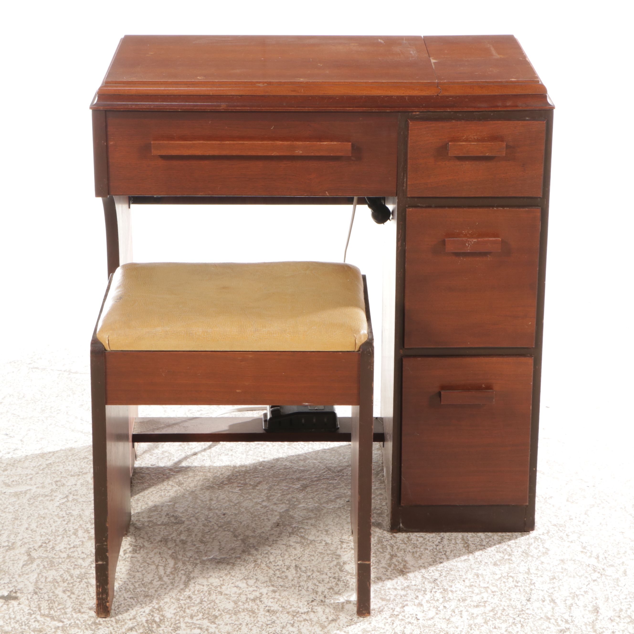 Singer MCM Model 15 Sewing Machine Table and Storage Stool, 1942
