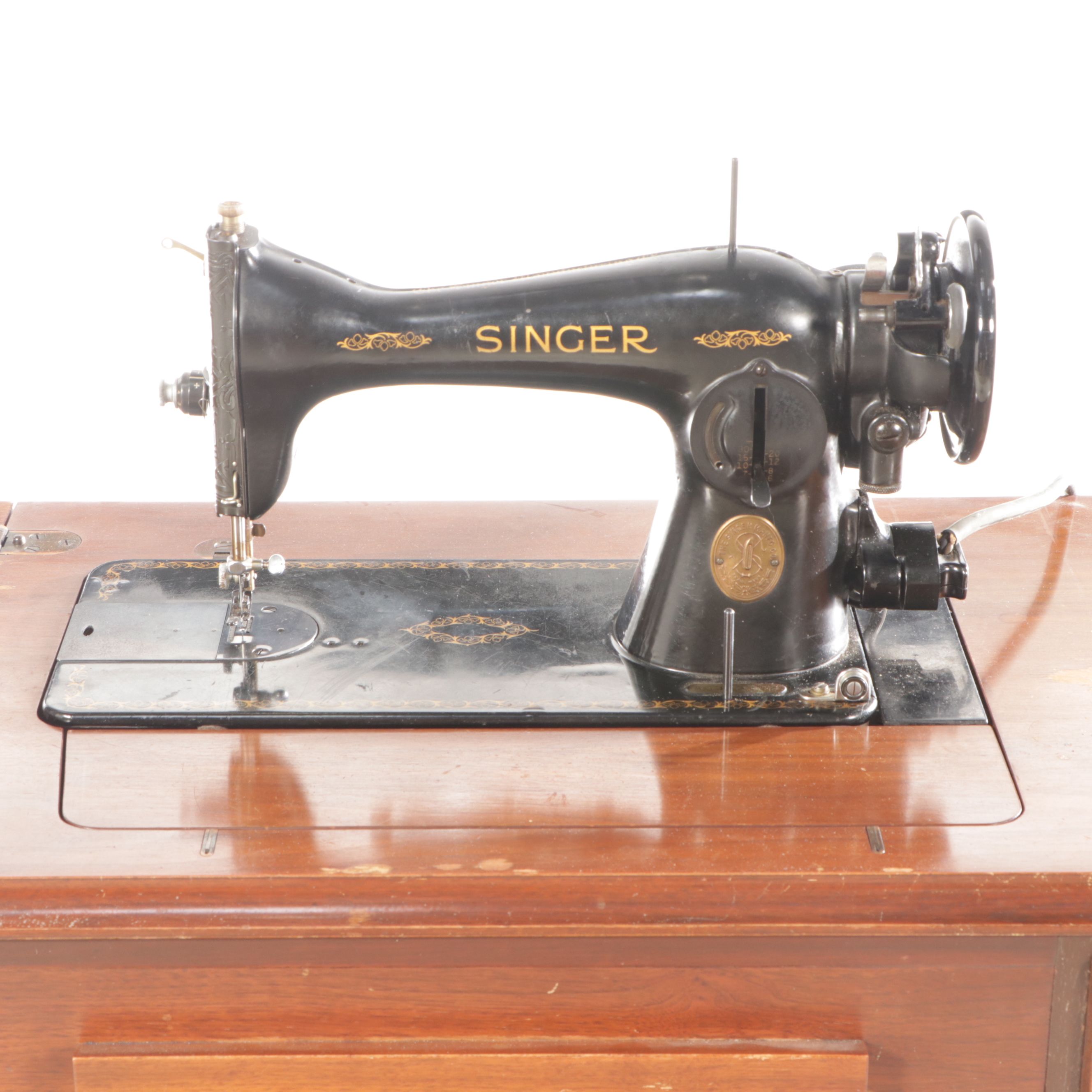 Singer MCM Model 15 Sewing Machine Table and Storage Stool, 1942