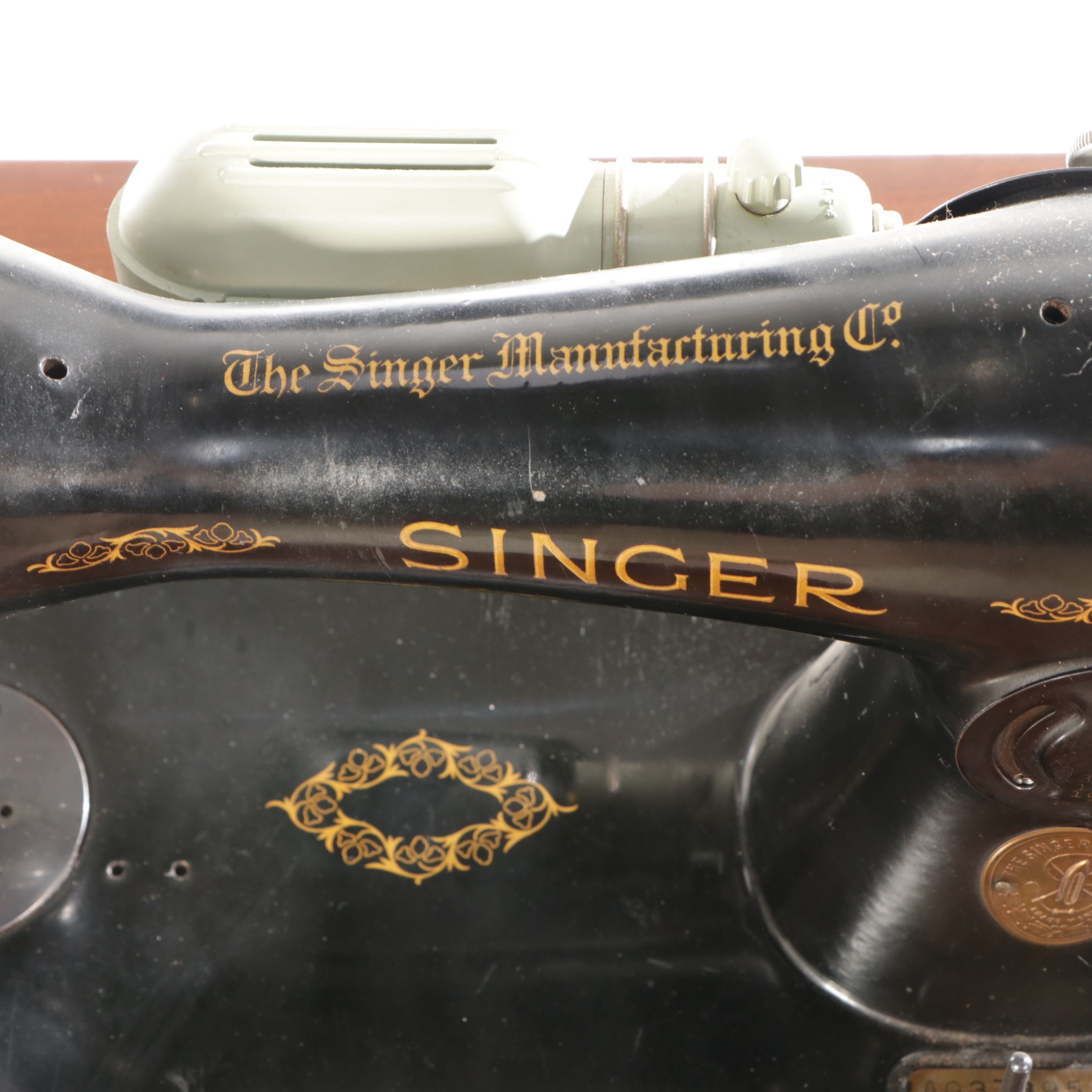 Singer MCM Model 15 Sewing Machine Table and Storage Stool, 1942