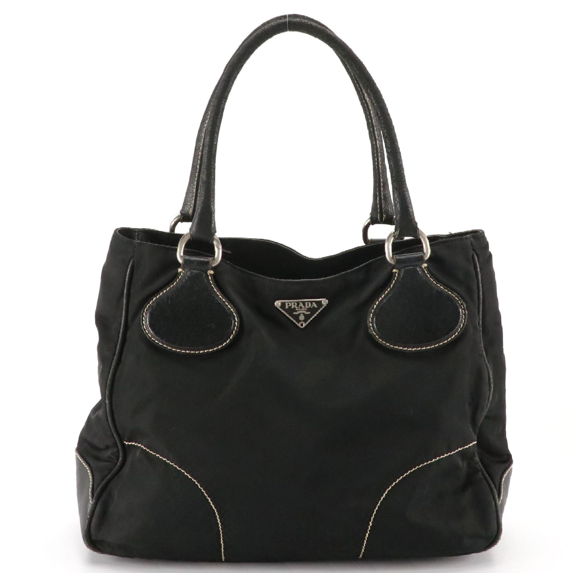 Prada Black Tessuto Nylon and Leather Tote Bag with Contrast Stitching