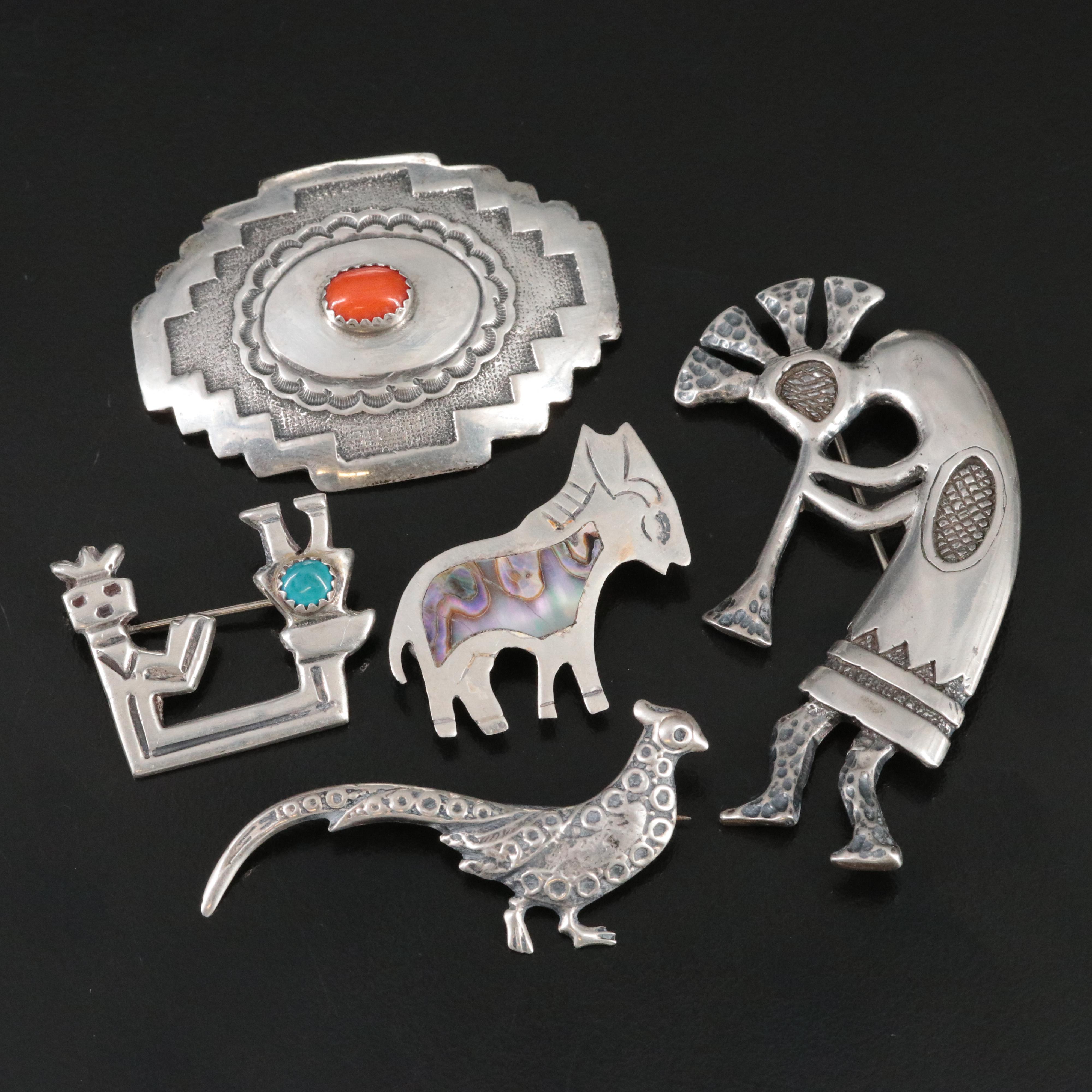 Mexican, Southwestern Sterling Brooches Including Abalone, Coral and Turquoise