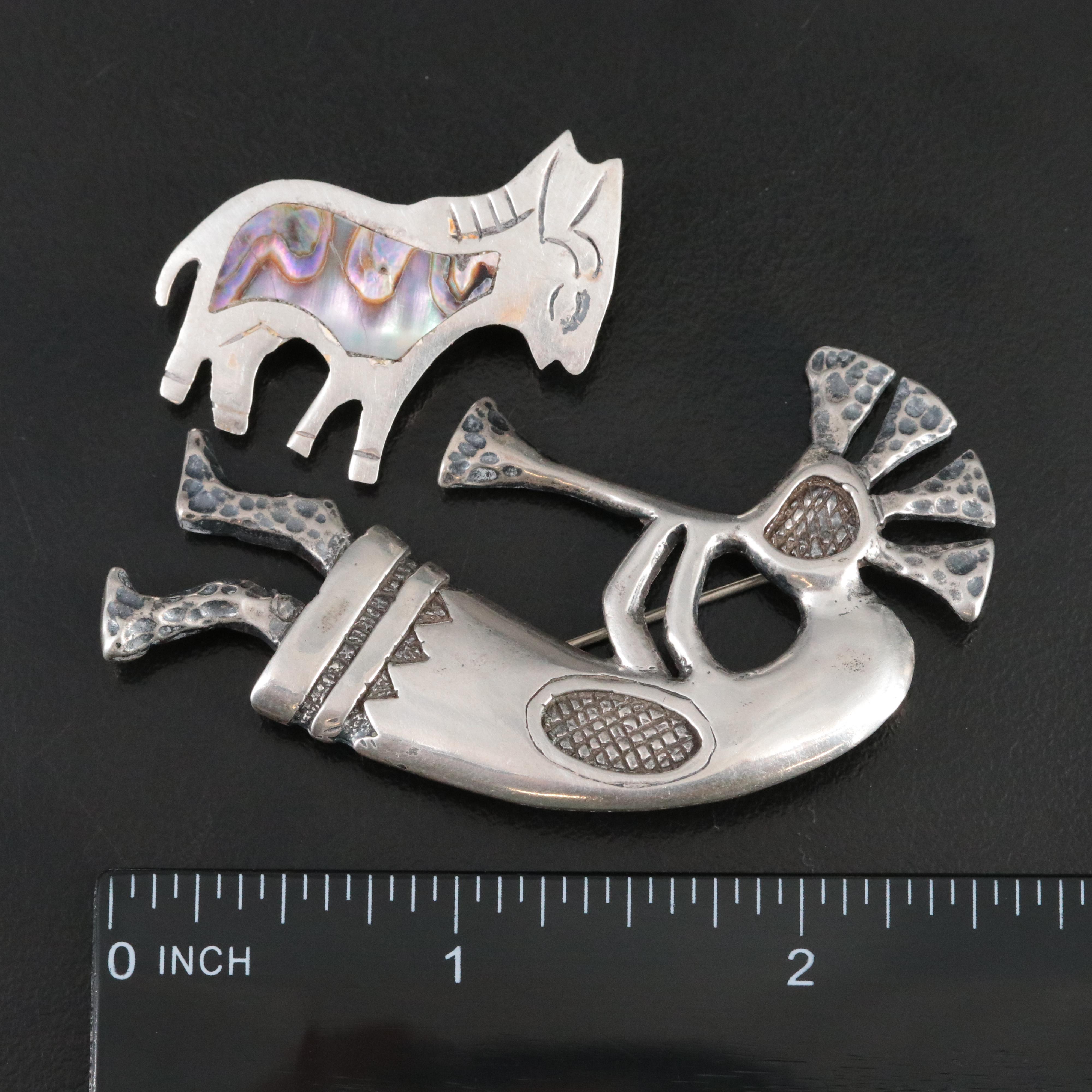 Mexican, Southwestern Sterling Brooches Including Abalone, Coral and Turquoise