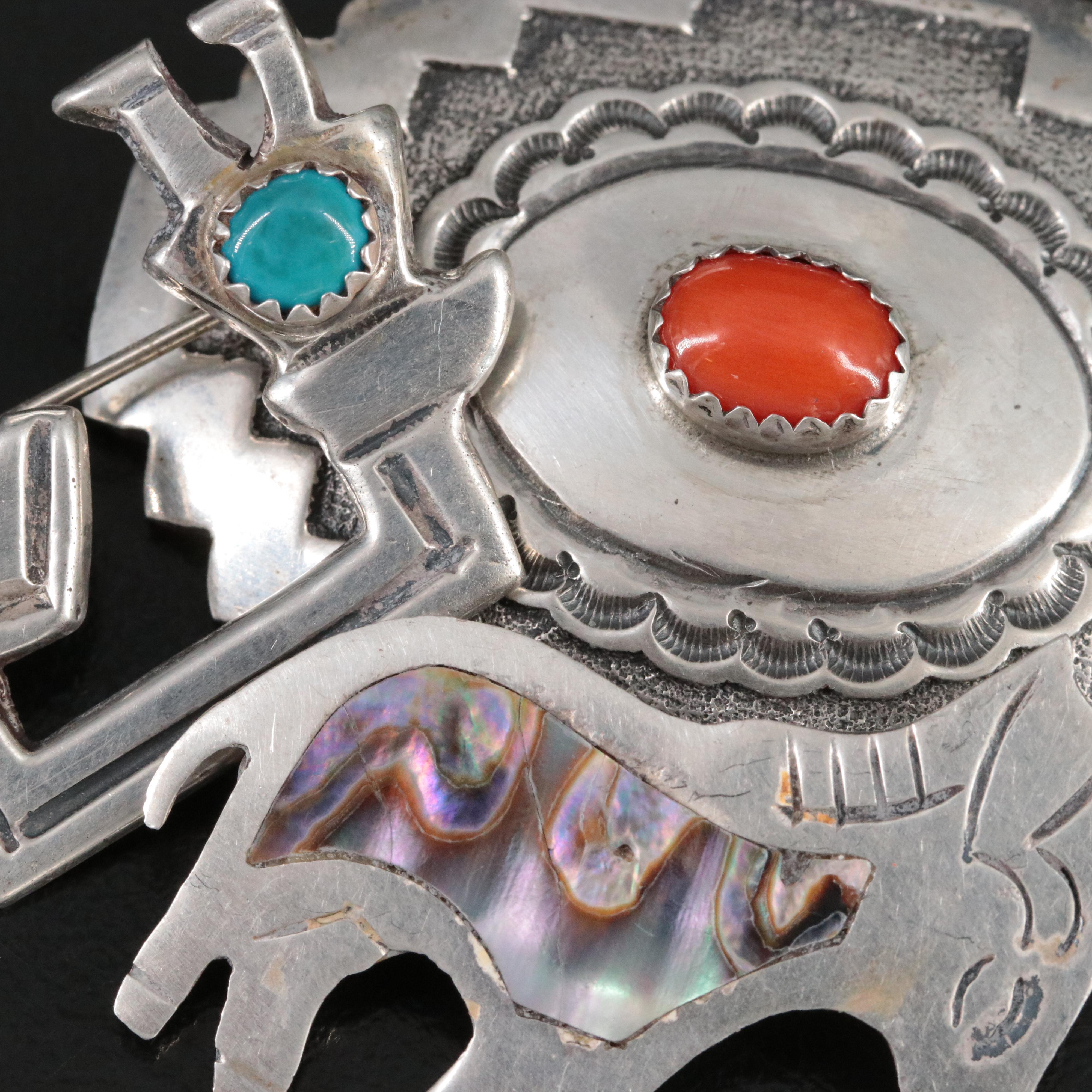 Mexican, Southwestern Sterling Brooches Including Abalone, Coral and Turquoise