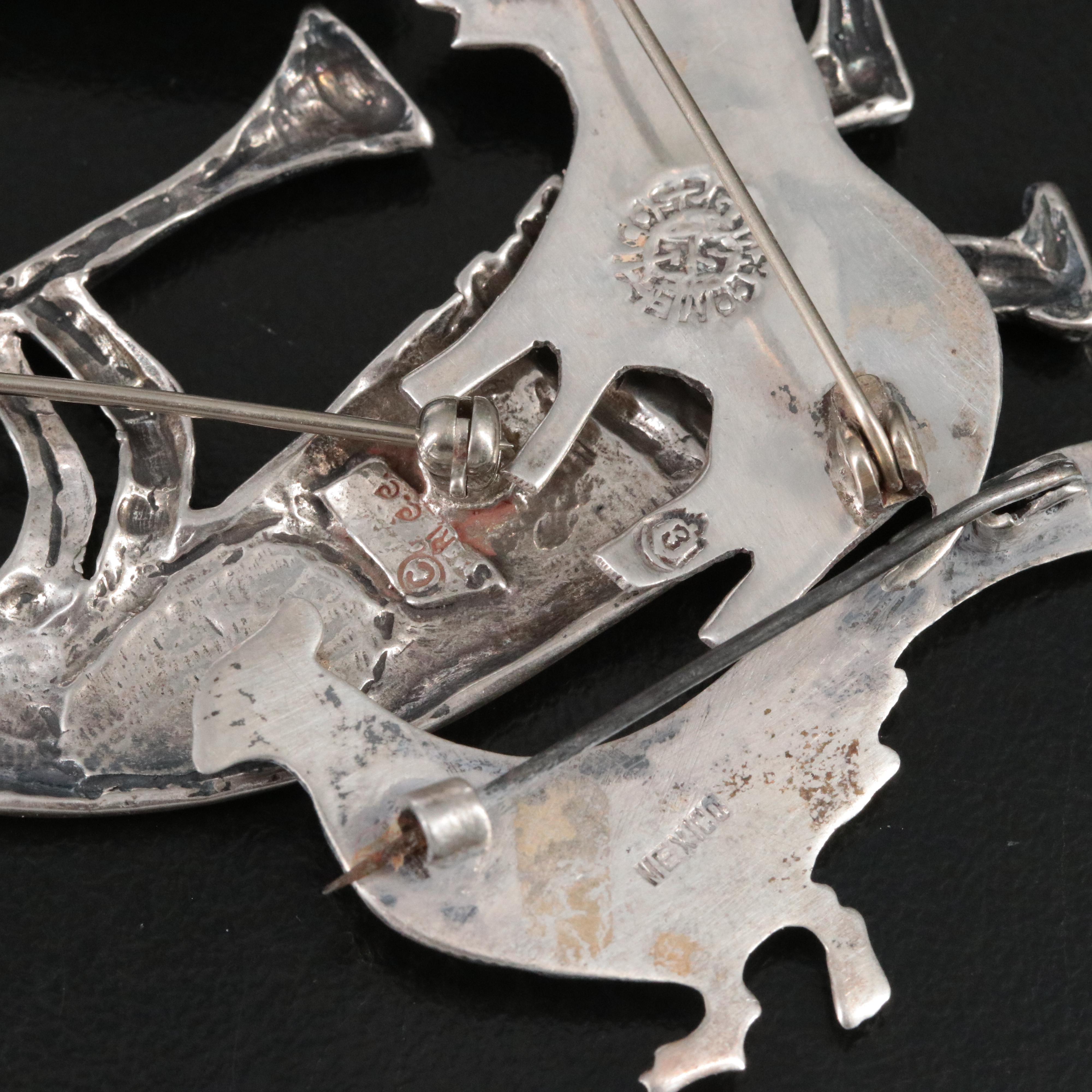 Mexican, Southwestern Sterling Brooches Including Abalone, Coral and Turquoise