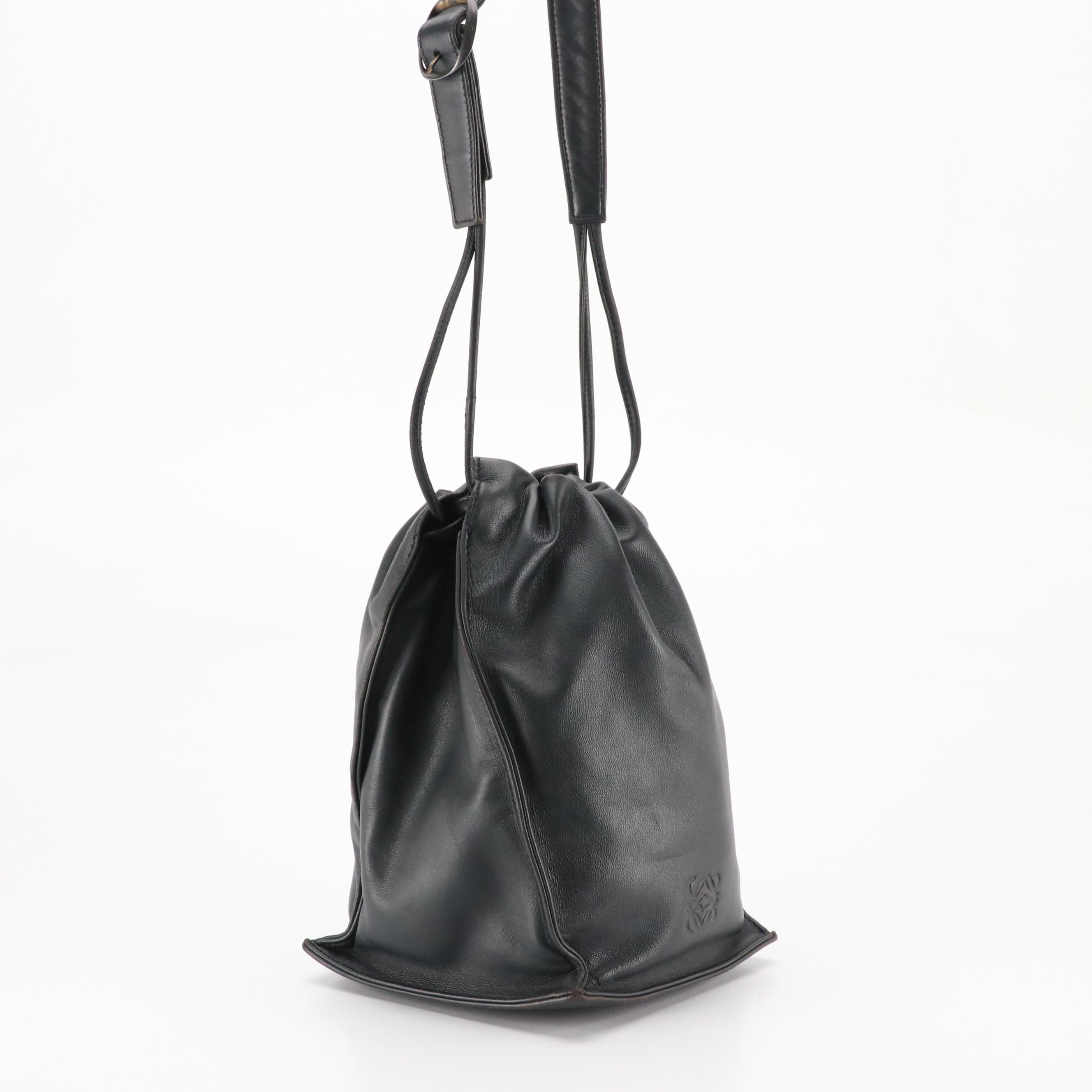 Loewe Anagram Drawstring Bucket Shoulder Bag in Black Leather