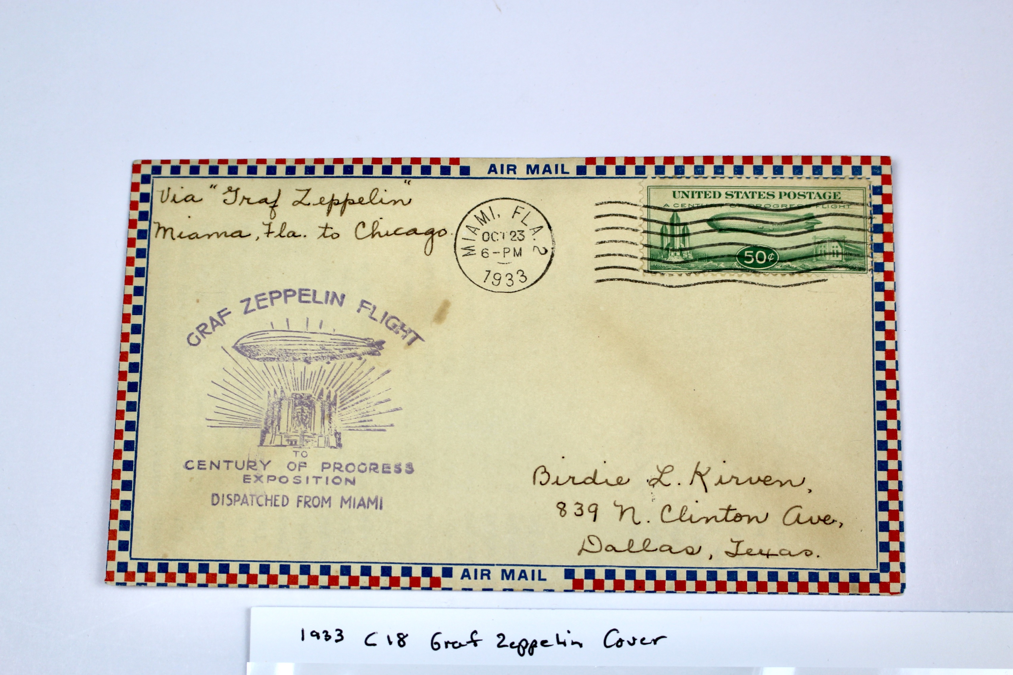 1933 Graf Zeppelin Century of Progress Postal Cover, Including Scott C18