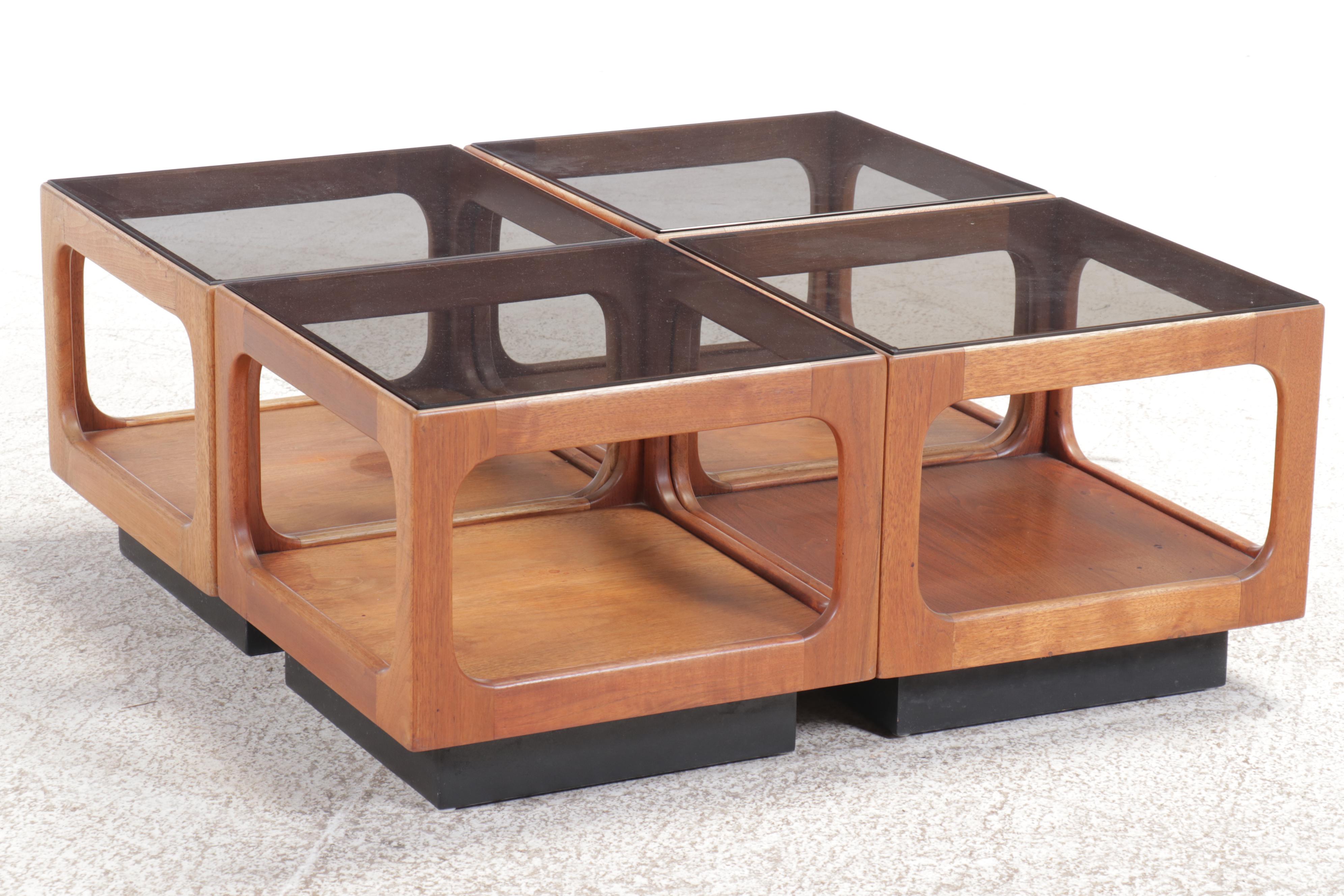 Four Josef Otmar Mid Century Modern Walnut and Smoked Glass Cube Accent Tables