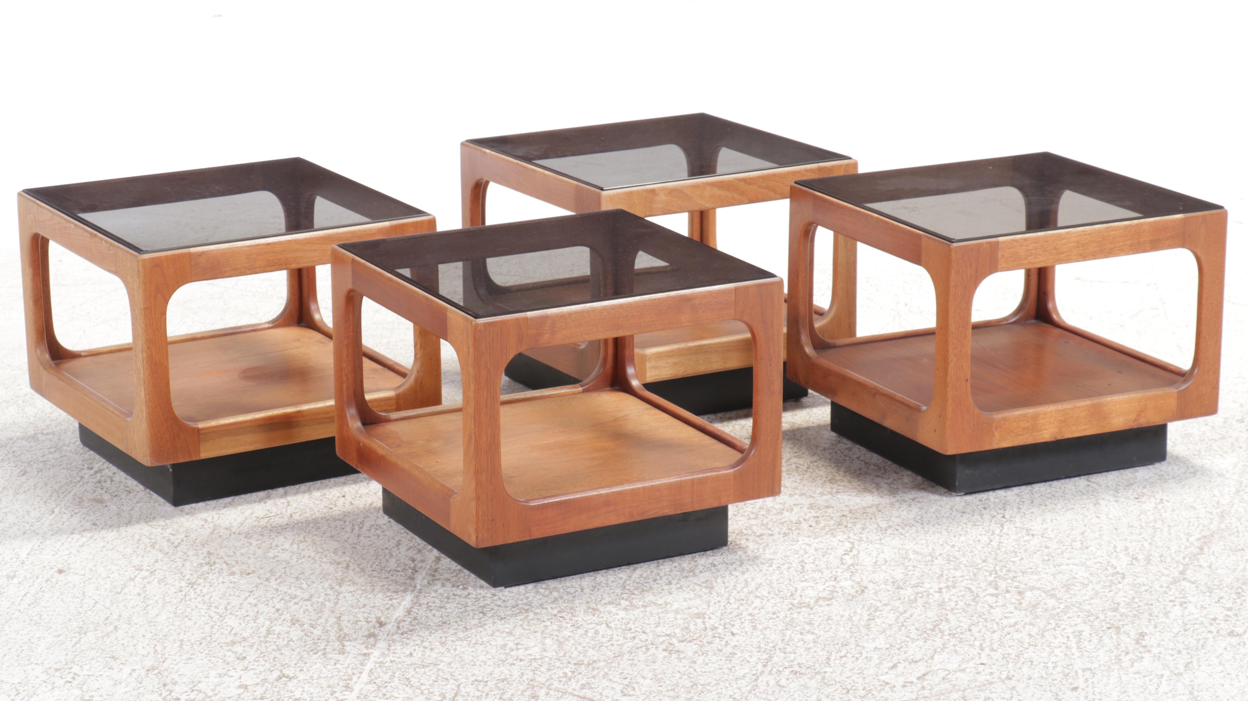 Four Josef Otmar Mid Century Modern Walnut and Smoked Glass Cube Accent Tables