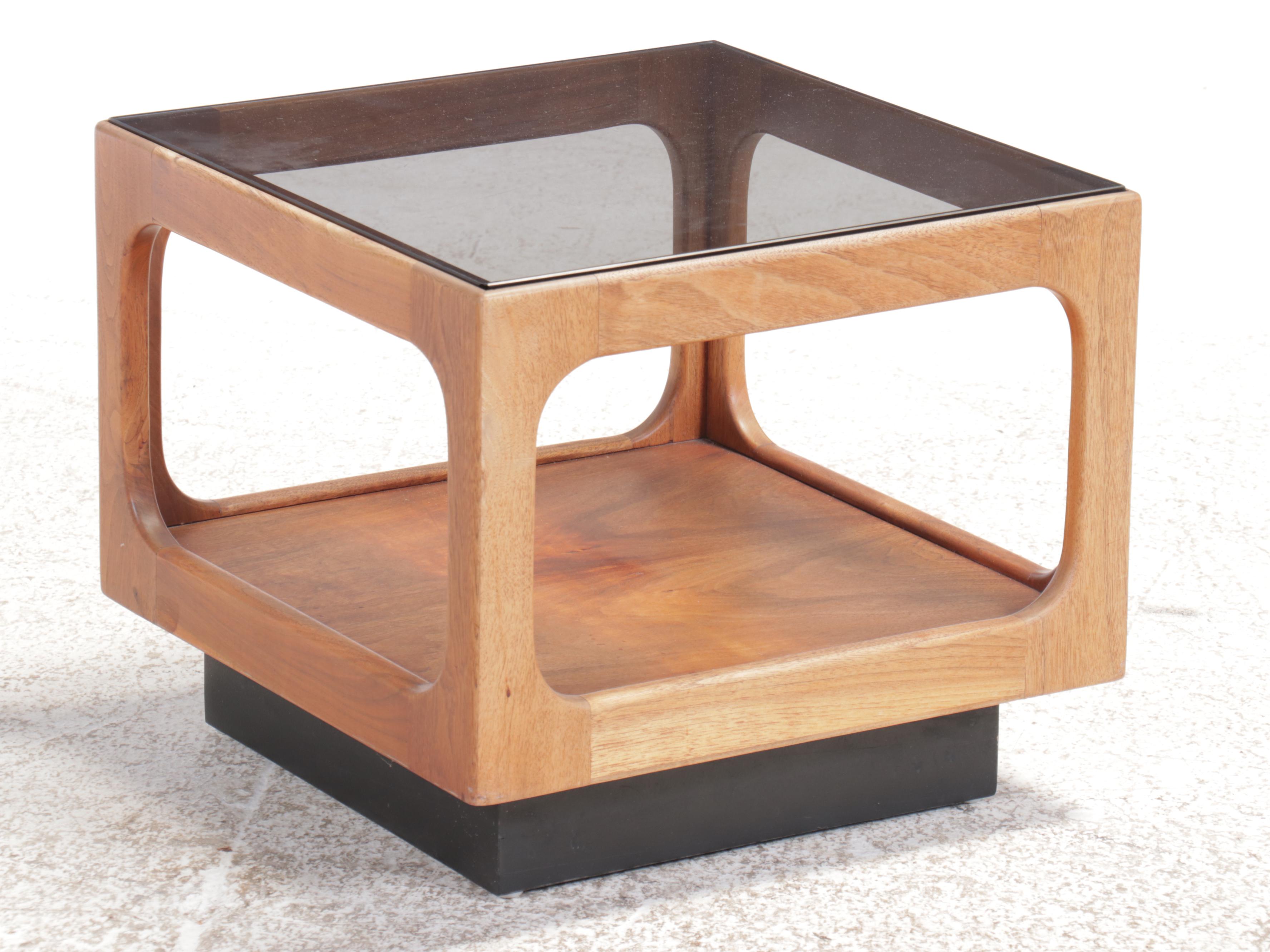 Four Josef Otmar Mid Century Modern Walnut and Smoked Glass Cube Accent Tables