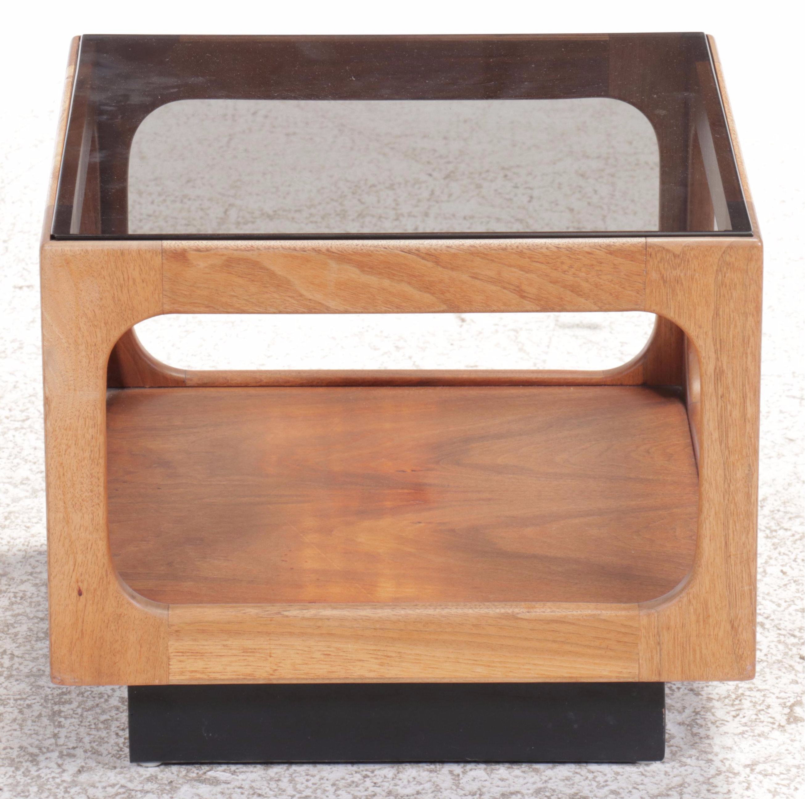 Four Josef Otmar Mid Century Modern Walnut and Smoked Glass Cube Accent Tables