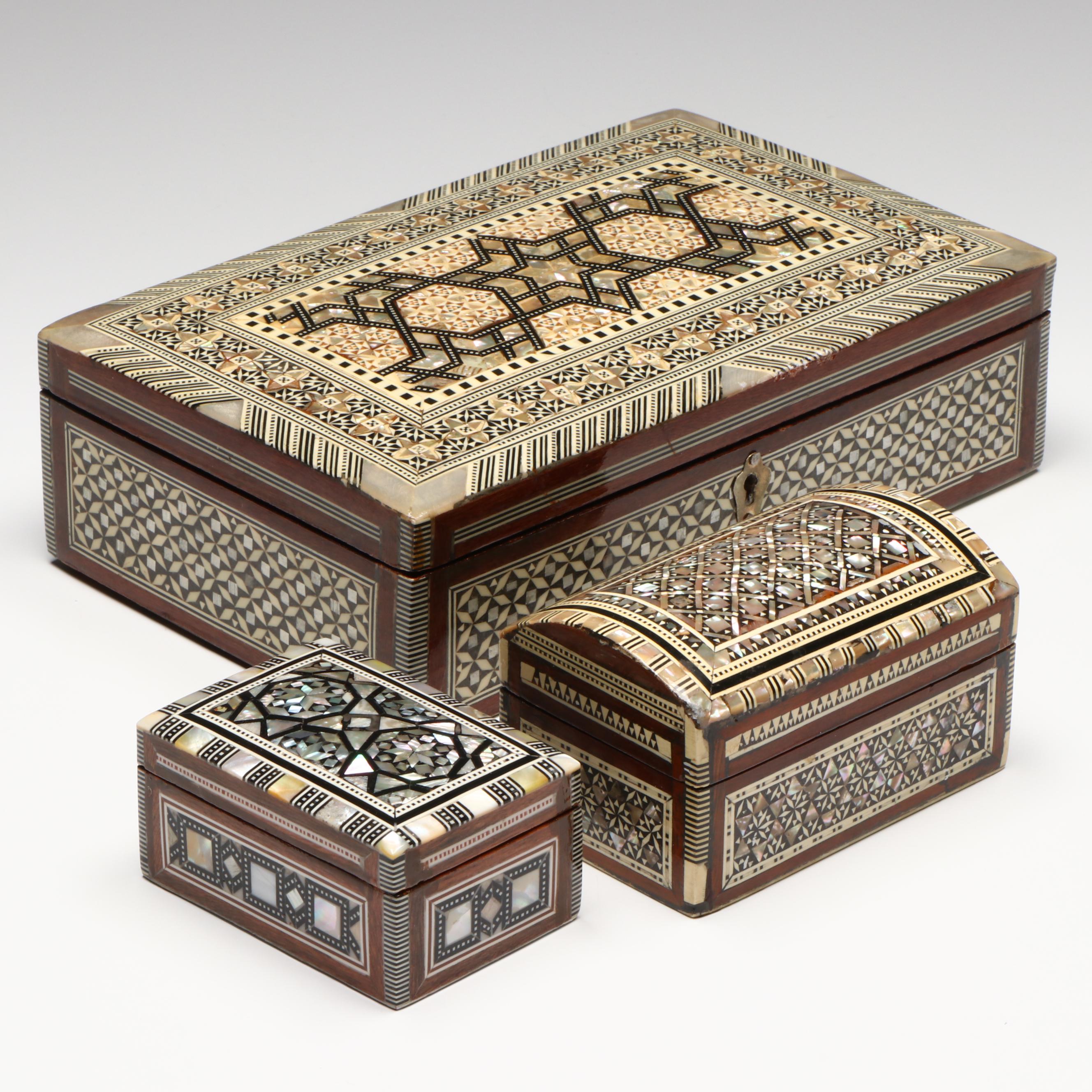 Egyptian Inlaid Mother-of-Pearl, Abalone and Beechwood Decorative Boxes