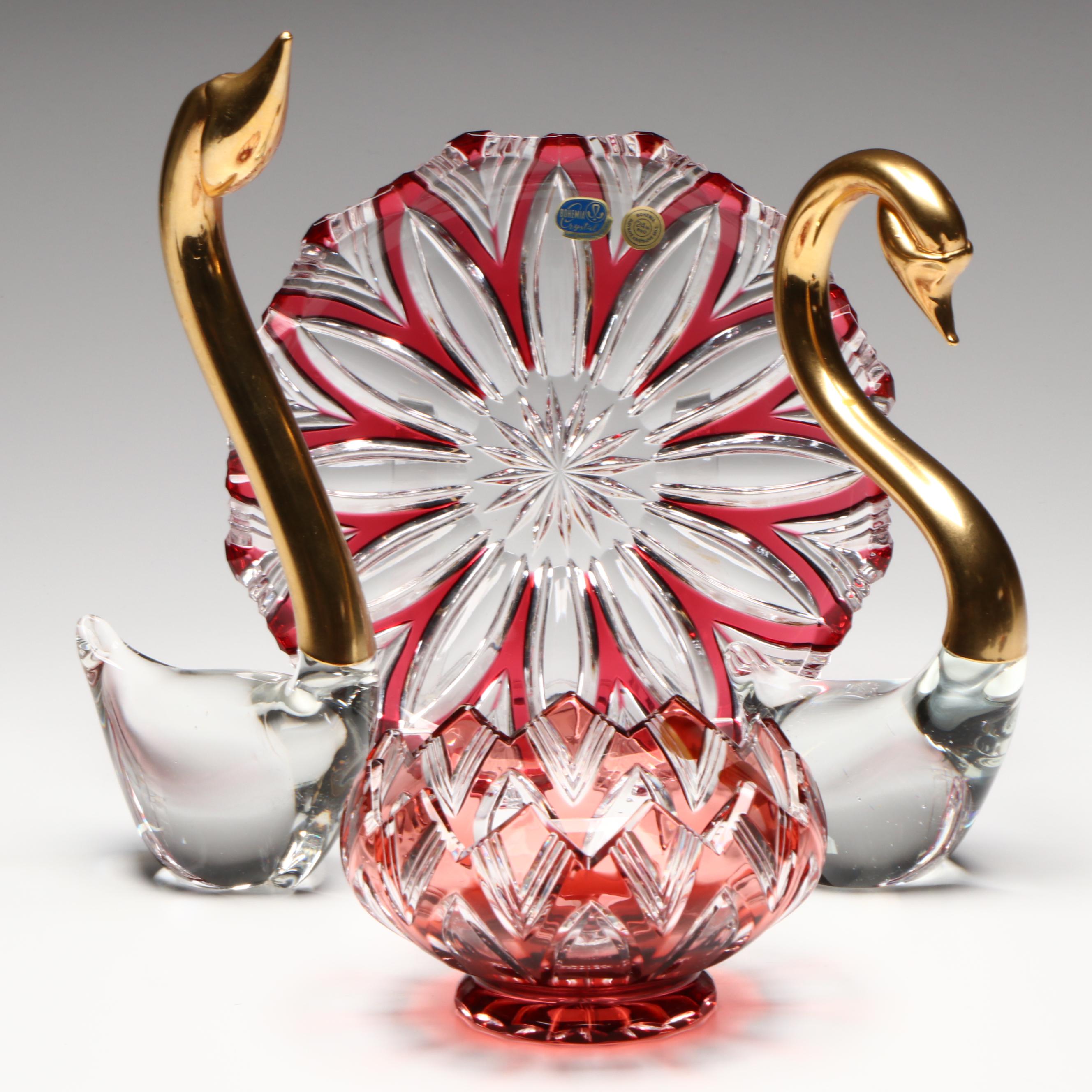 Bohemian Cut to Clear Ruby Crystal Bowls with Crystal Swan Figurines