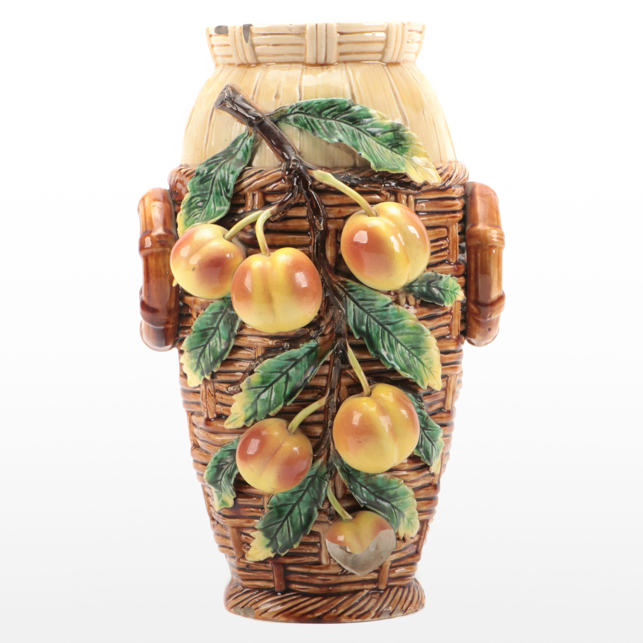 Josef Strnact Majolica Earthenware Peach Basket Vase, Early 20th Century