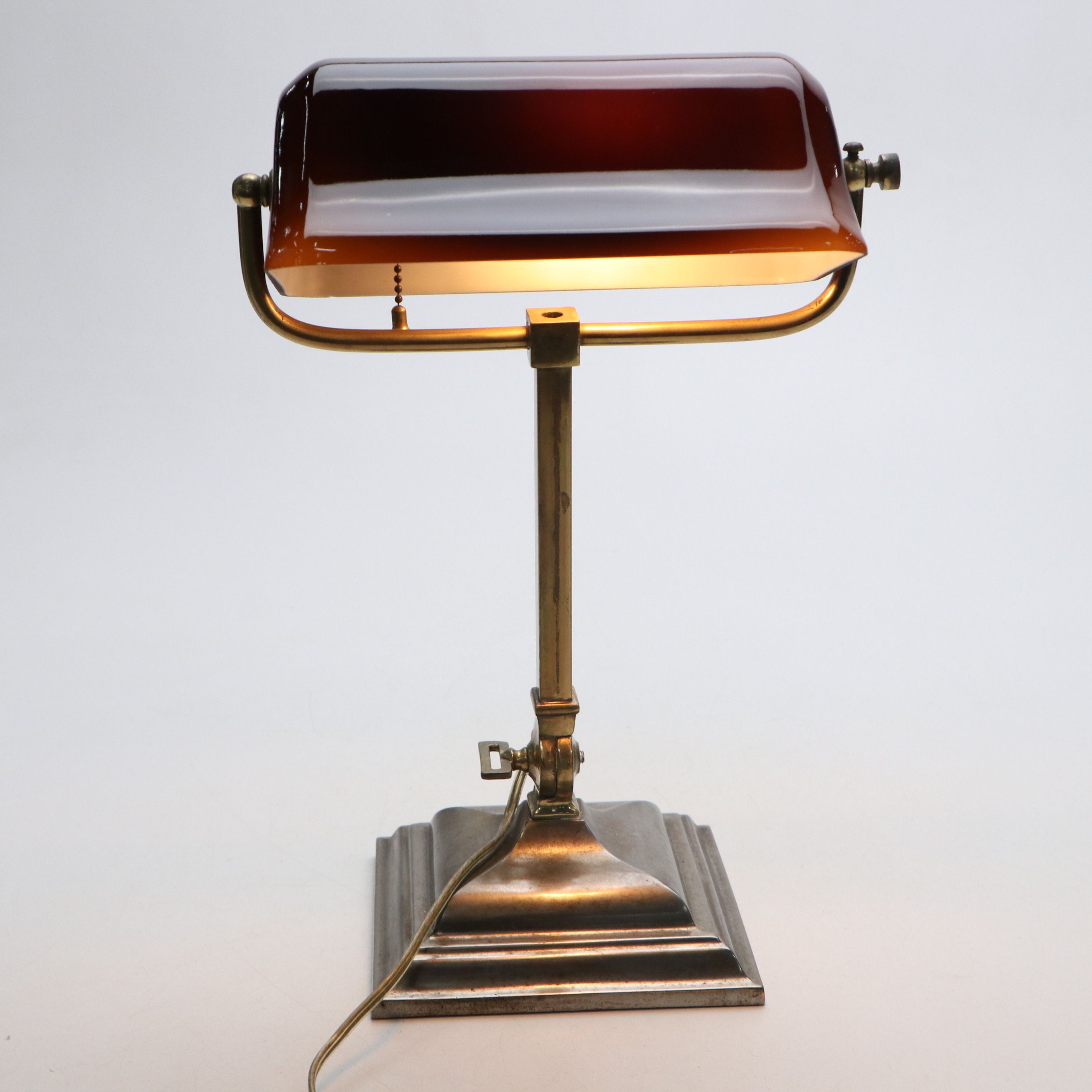 Brass Finish Banker's Desk Lamp with Cased Amber Shade