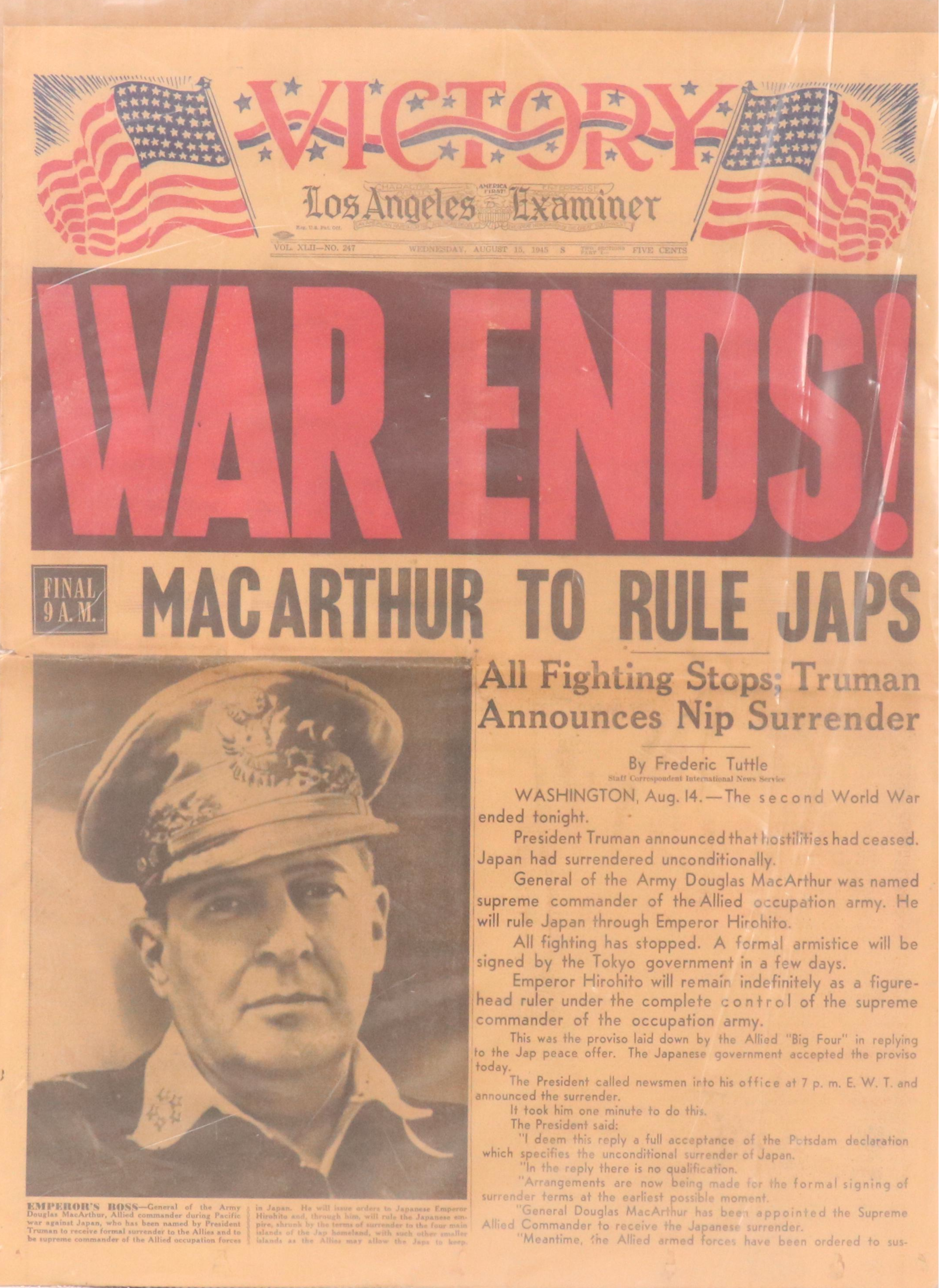 Los Angeles Examiner "War Ends!" World War II Newspaper Cover, August 15th 1945