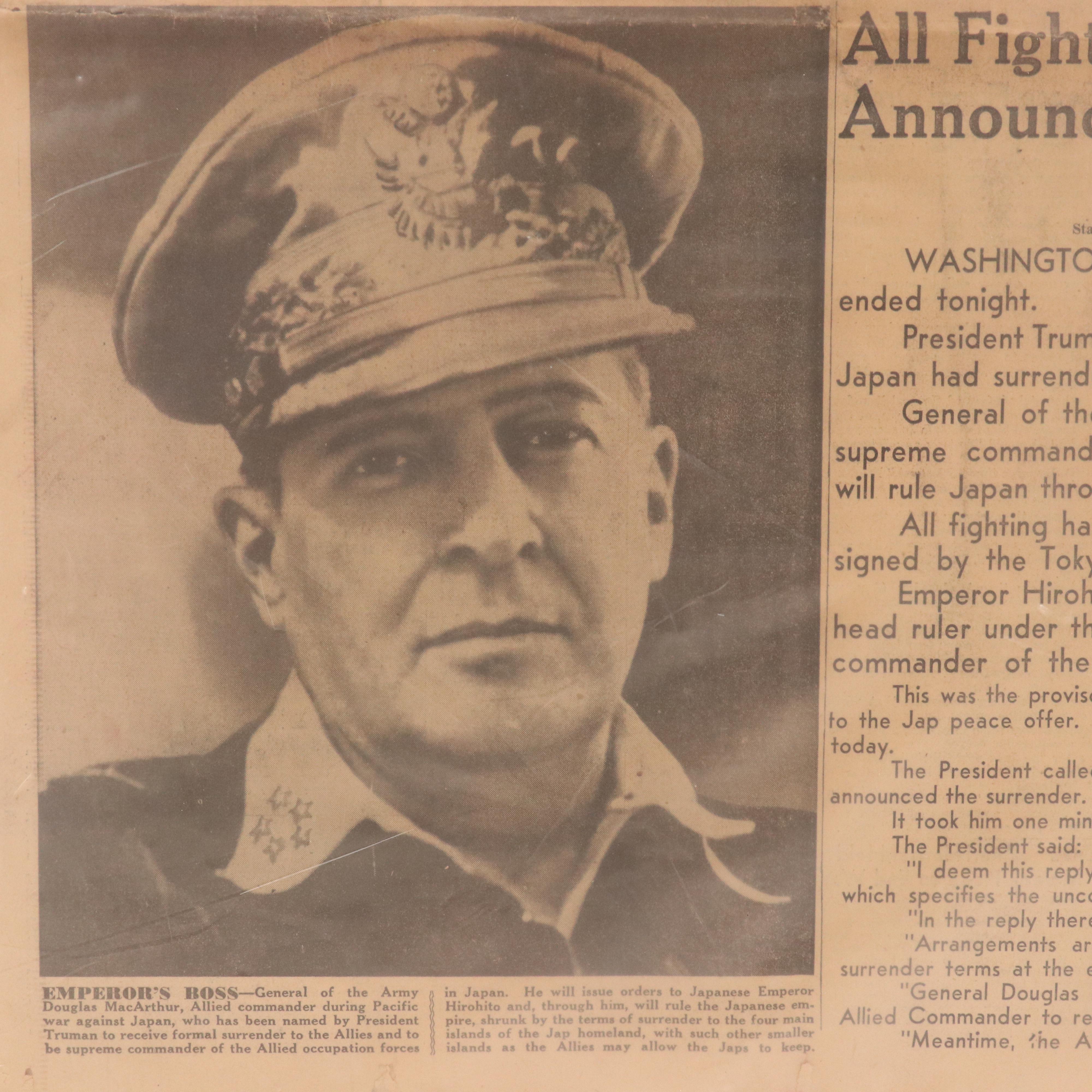 Los Angeles Examiner "War Ends!" World War II Newspaper Cover, August 15th 1945