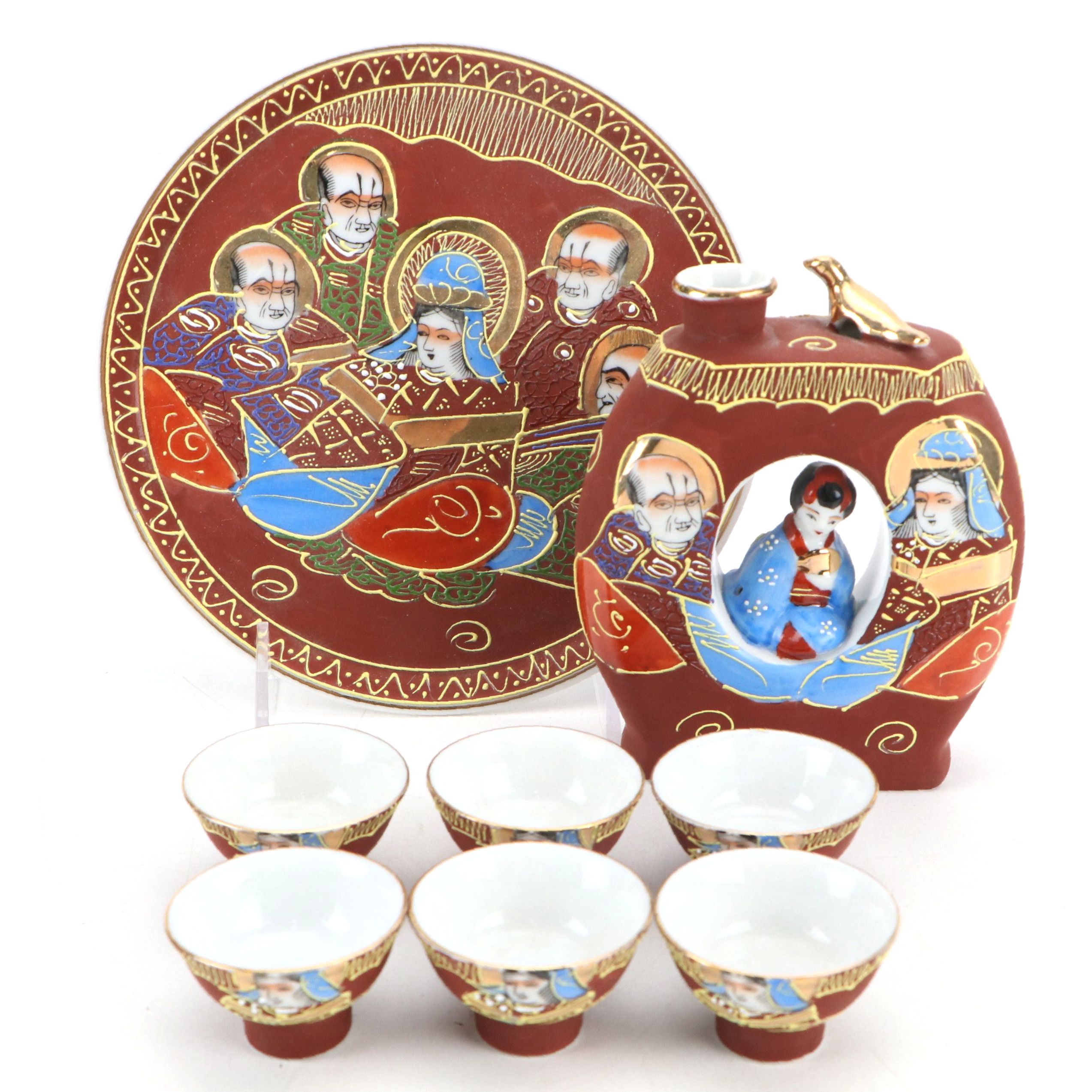 Japanese Kutani Hand-Painted Porcelain Vase, Tray and Sake Cups