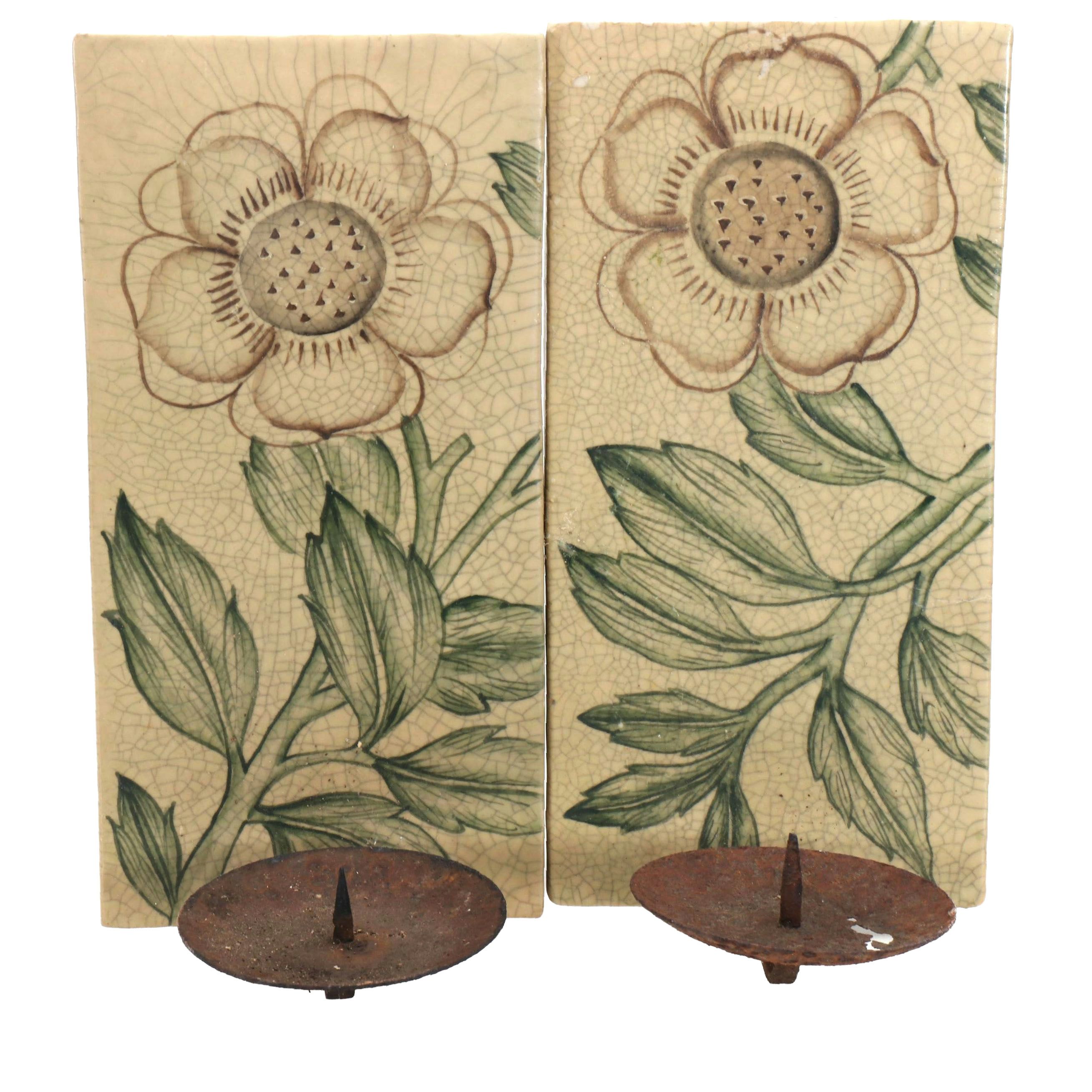 Pair of Ceramic Wall Tile Candle Prickets