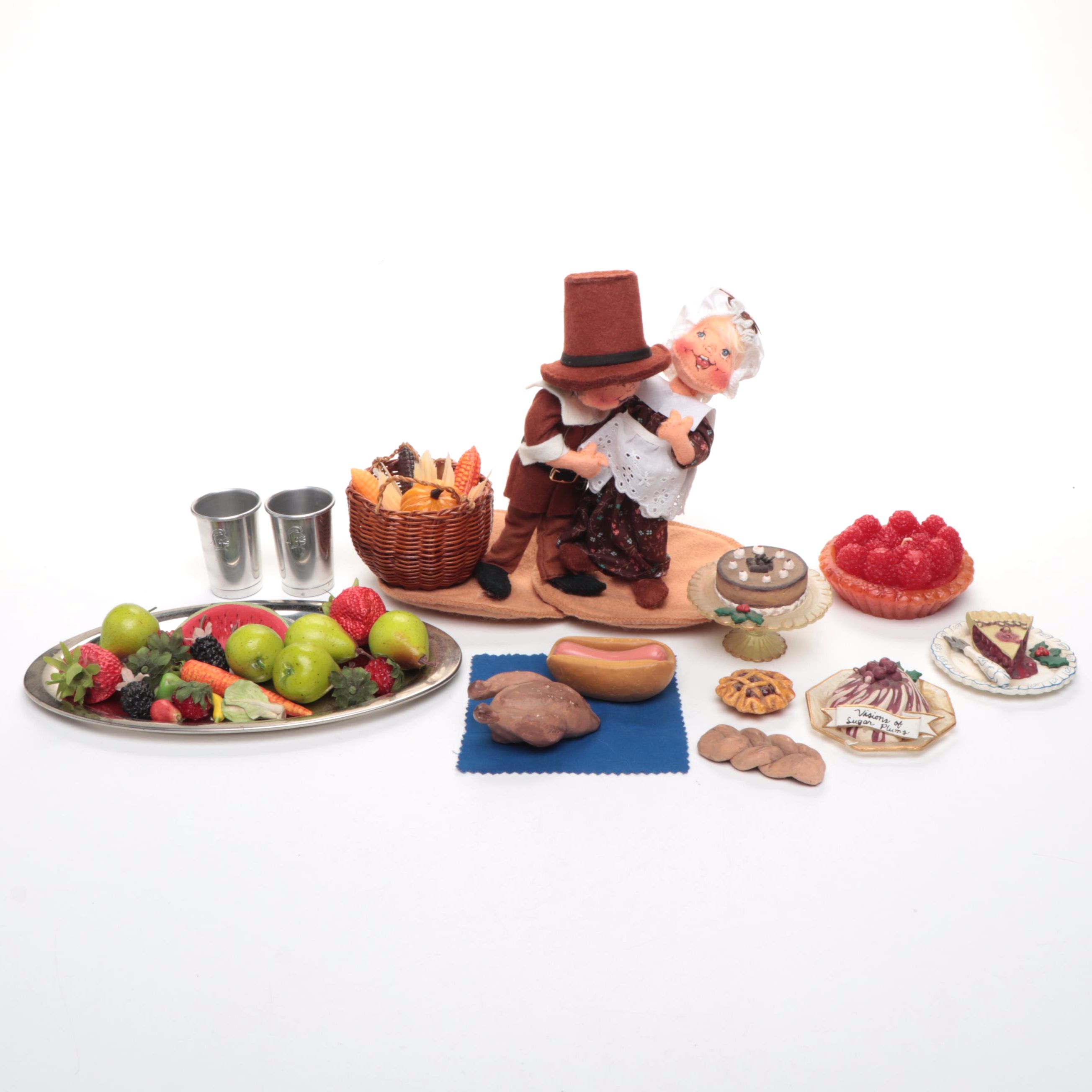 Annalee Pilgrim Boy and Girl Doll with Artificial Food and More, Late 20th C.