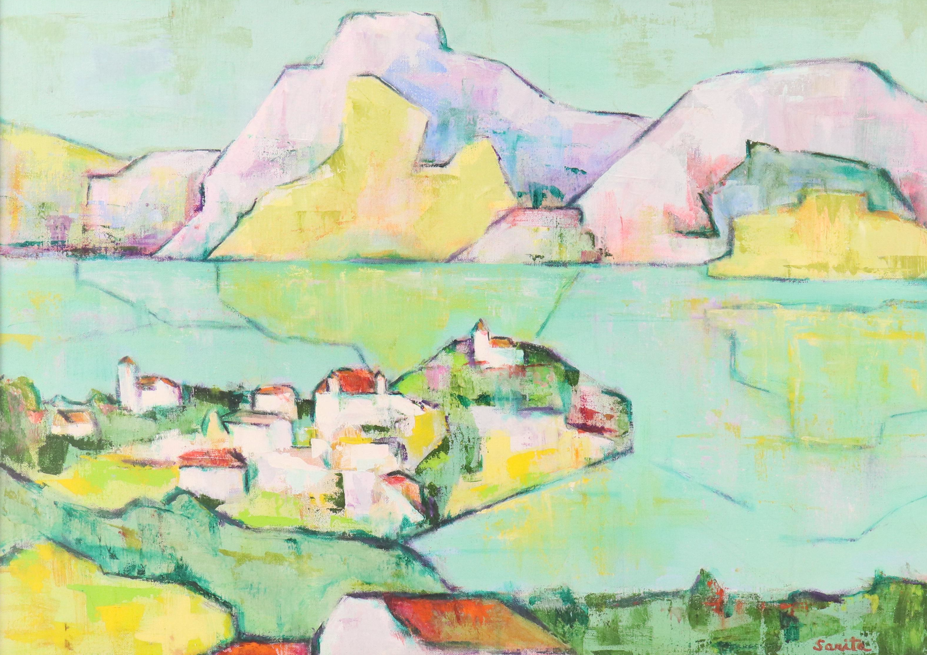 Sarita Romero Cubist Style Acrylic Landscape of Spanish Peninsula, Circa 1972
