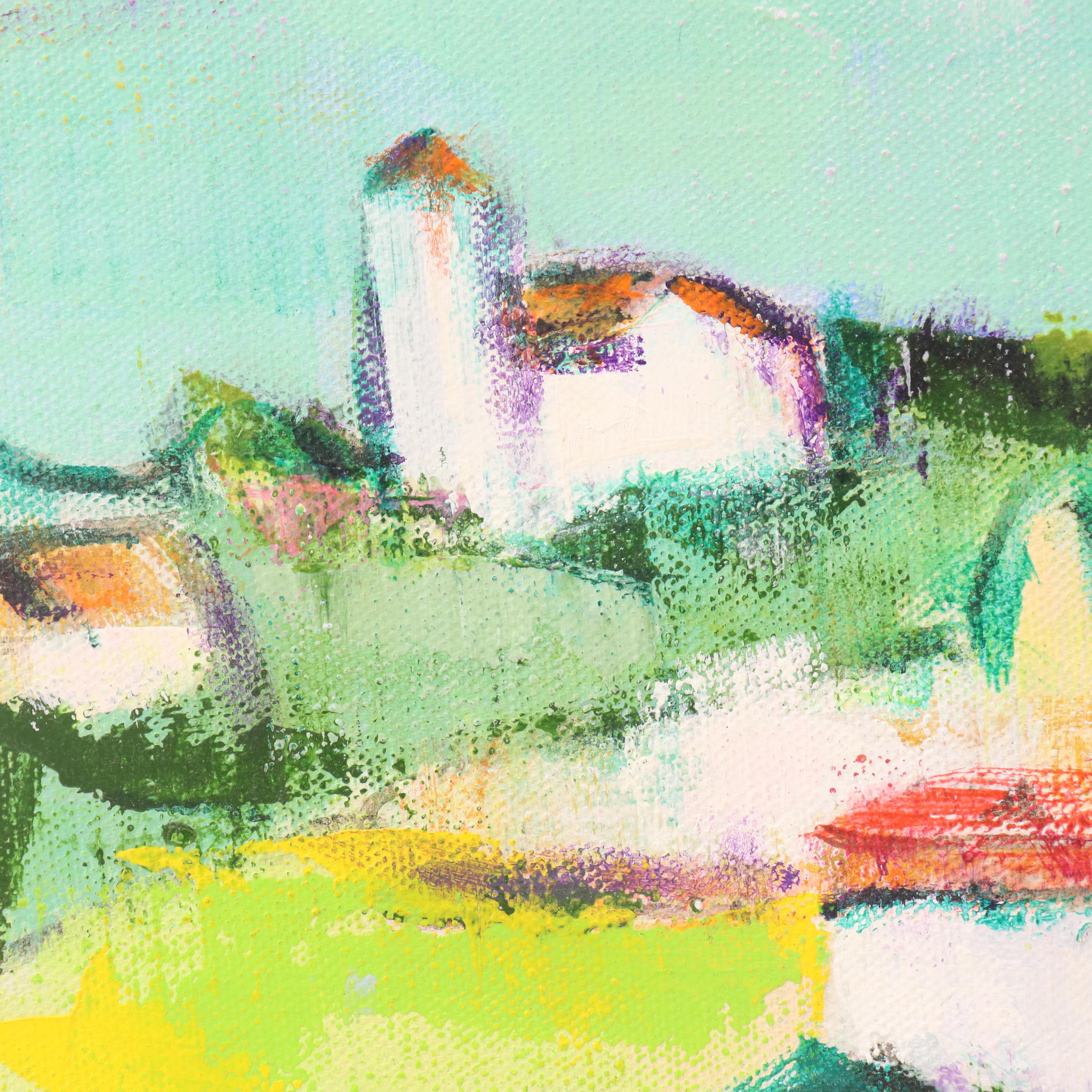 Sarita Romero Cubist Style Acrylic Landscape of Spanish Peninsula, Circa 1972