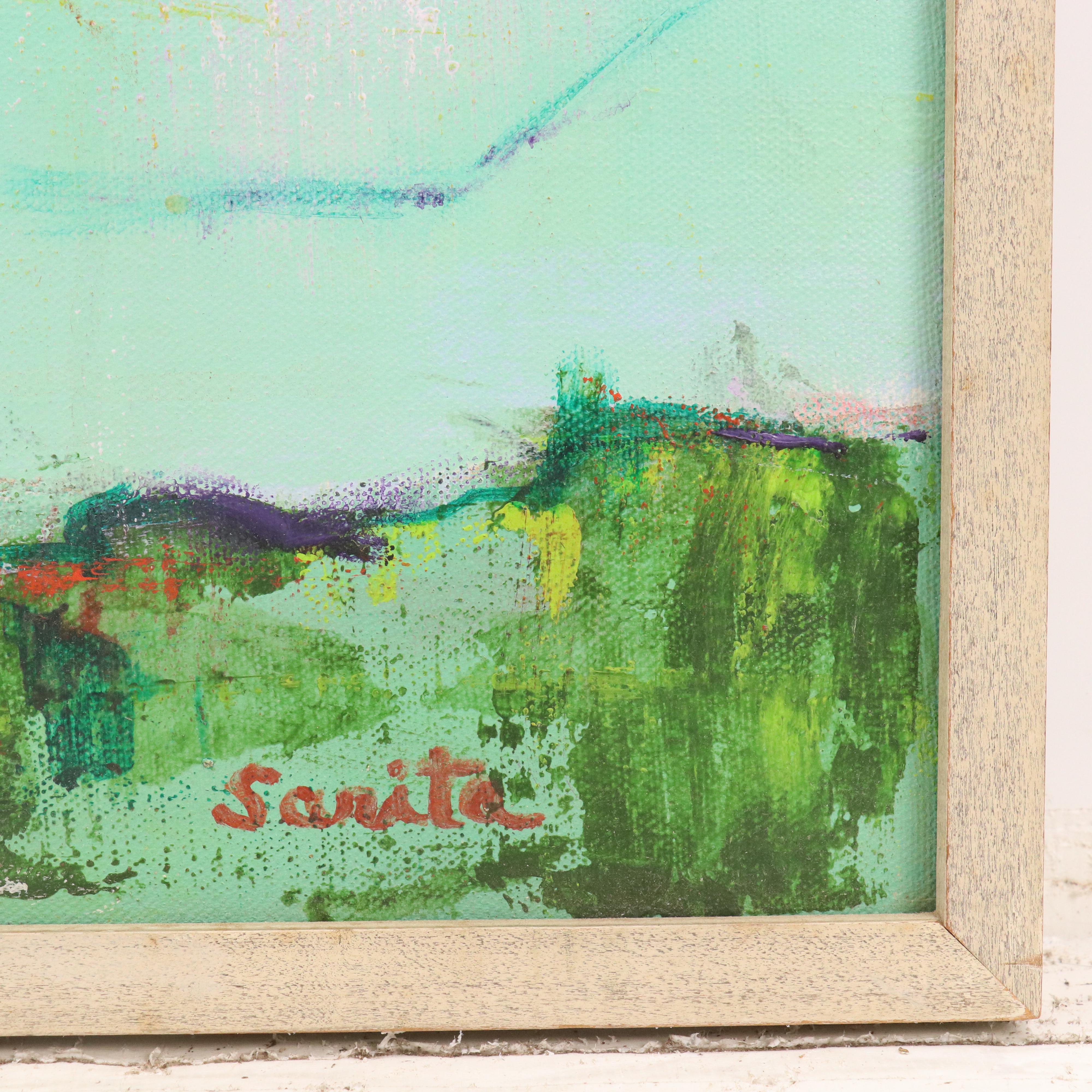 Sarita Romero Cubist Style Acrylic Landscape of Spanish Peninsula, Circa 1972