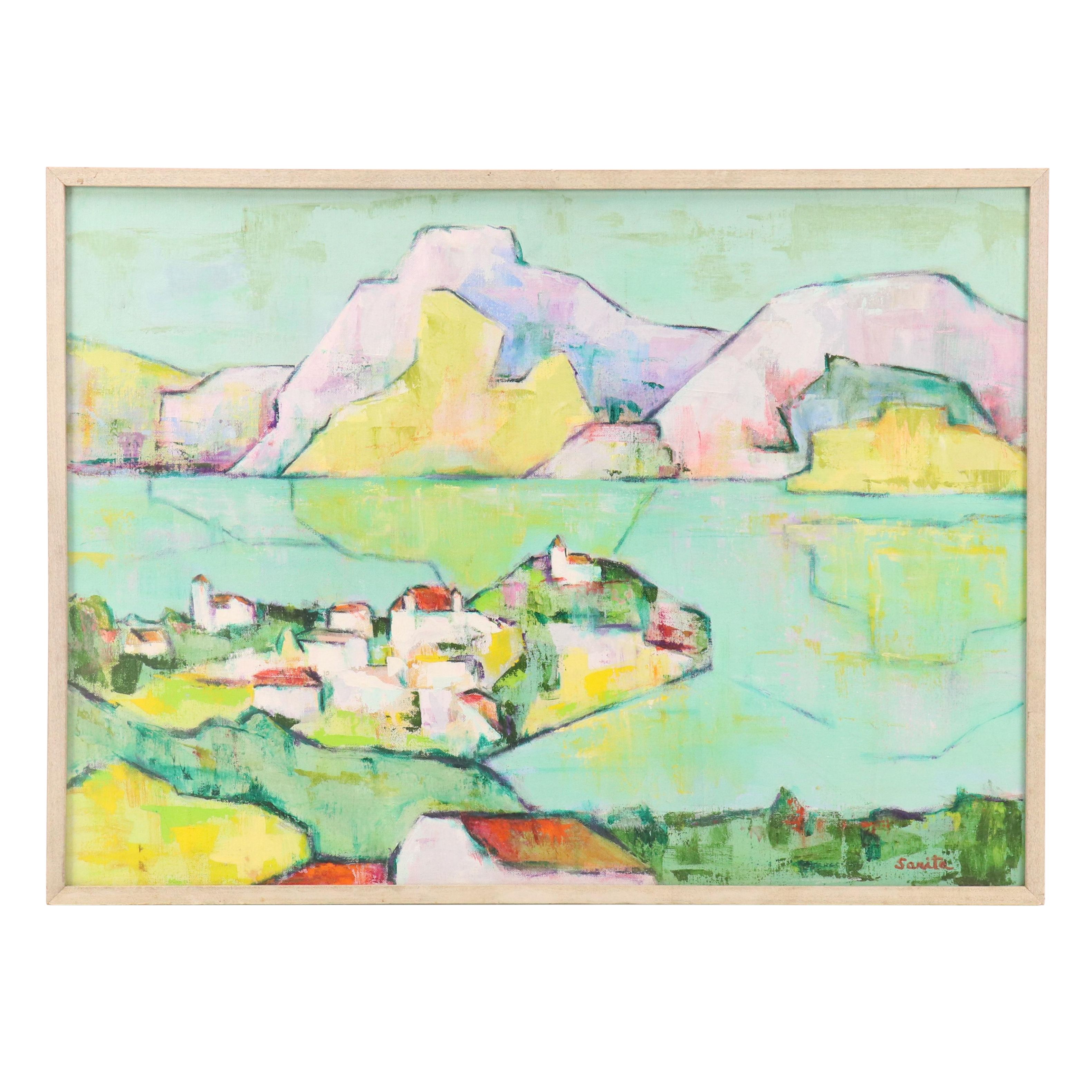 Sarita Romero Cubist Style Acrylic Landscape of Spanish Peninsula, Circa 1972