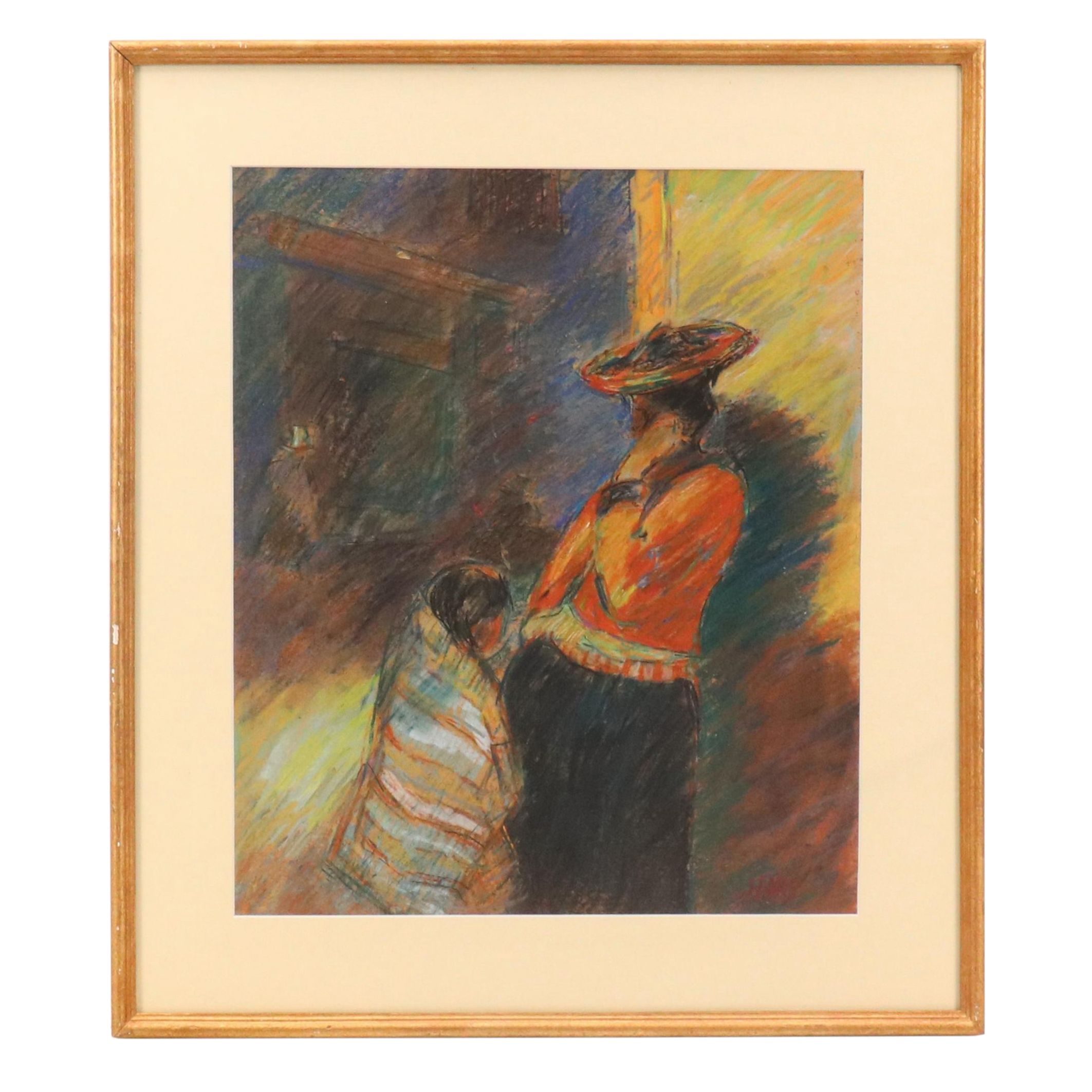 Arje Hary Expressionist Style Oil Pastel Drawing of Mother and Child, Circa 1961