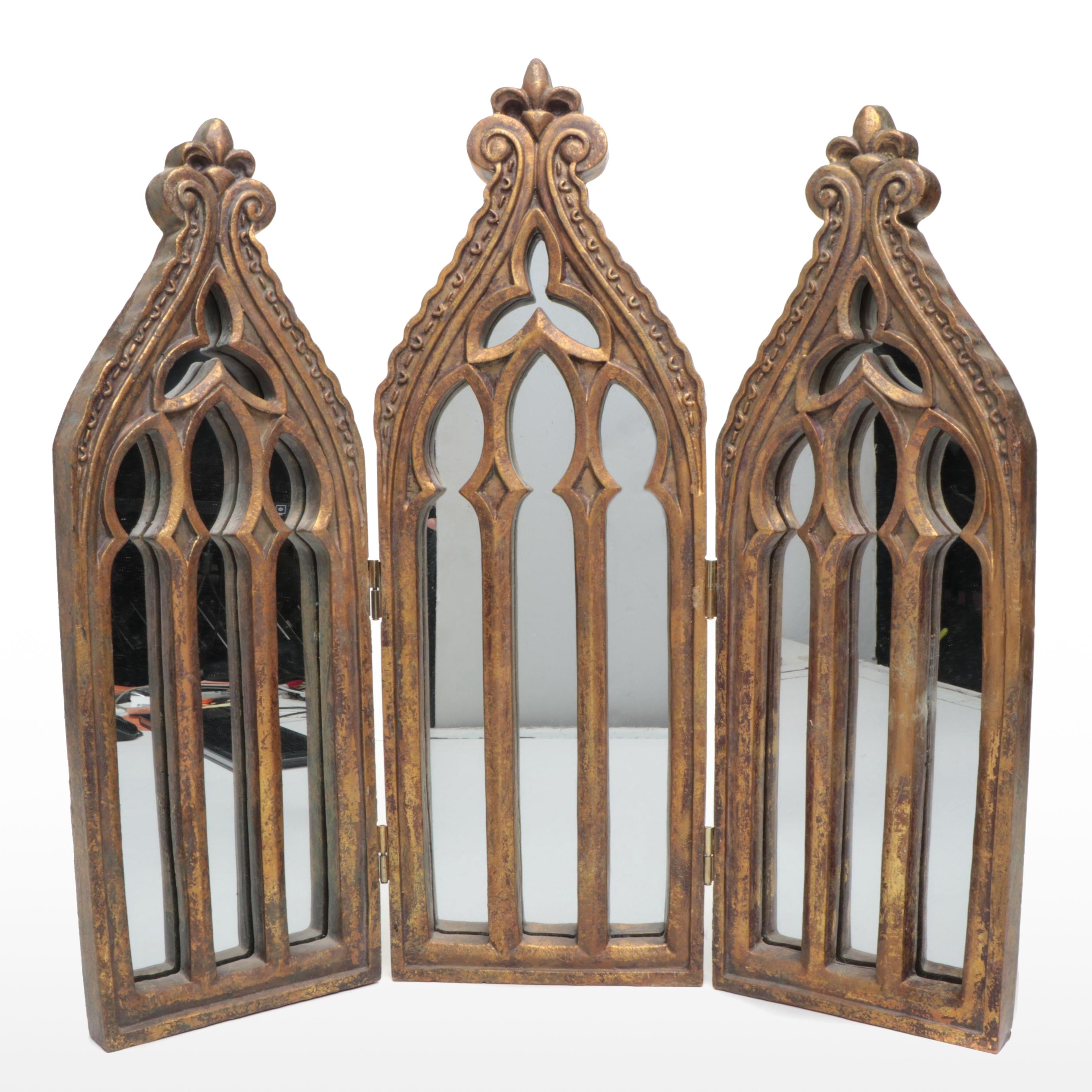 Gothic Triptych Style Folding Giltwood Mirror