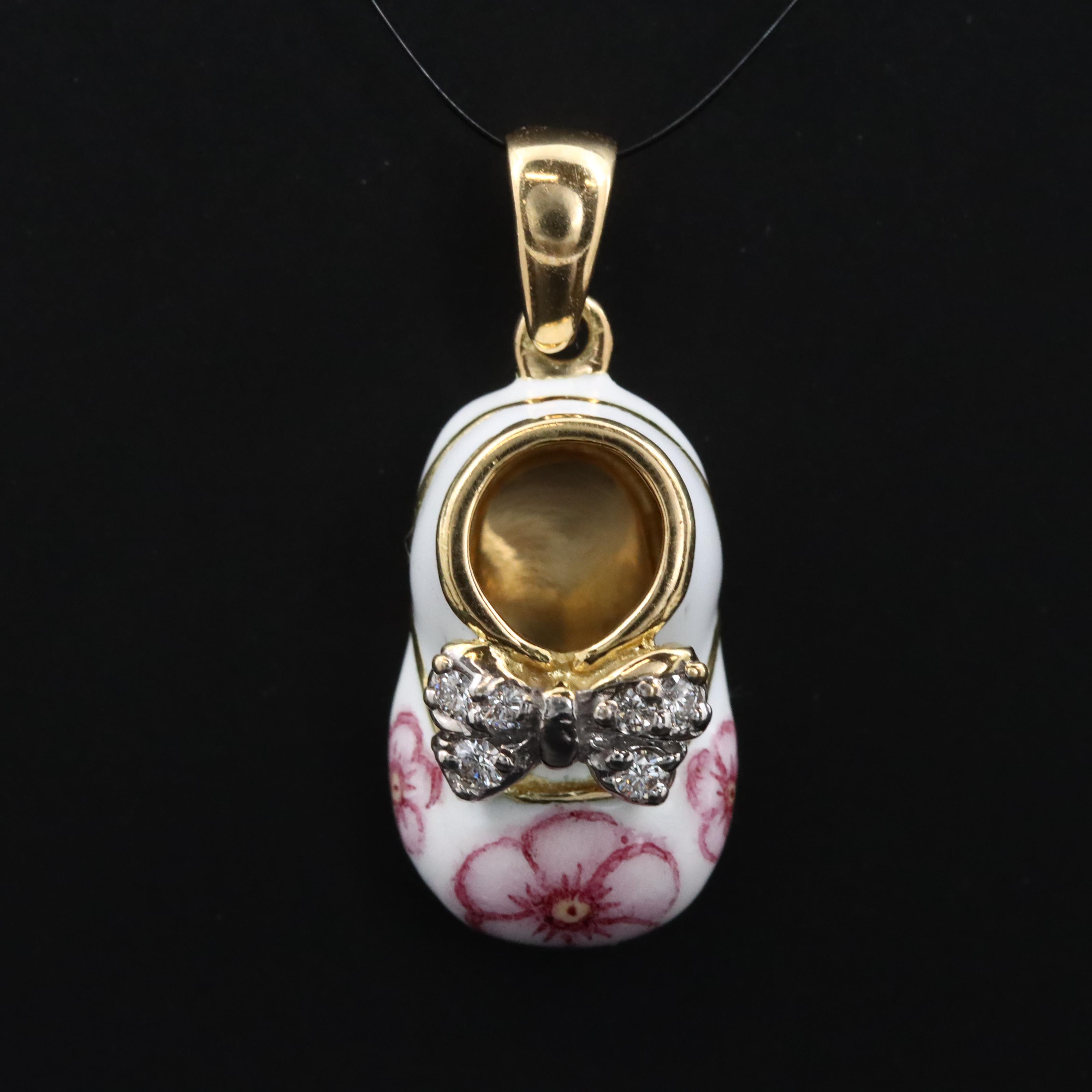 18K Flower Enamel Shoe Pendant with 0.12 CTW Diamond Bow