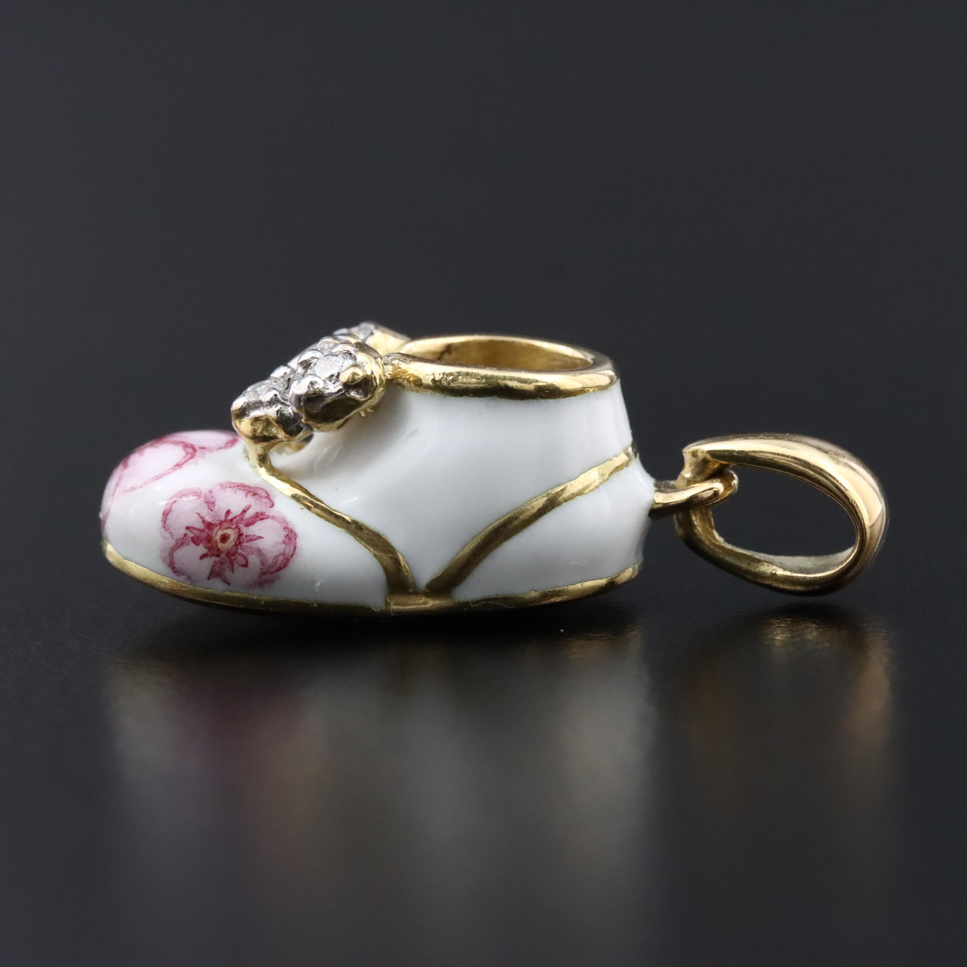 18K Flower Enamel Shoe Pendant with 0.12 CTW Diamond Bow