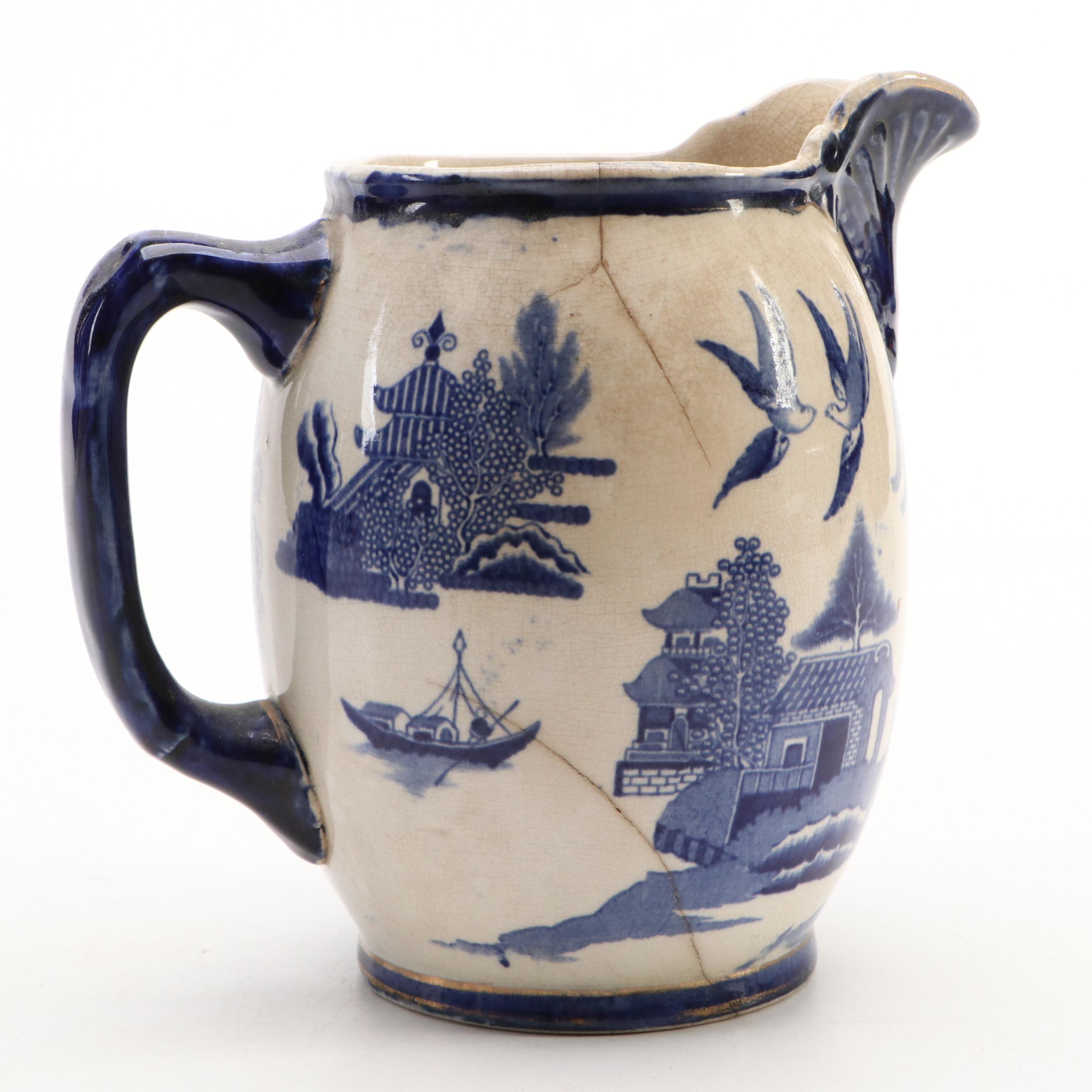 Buffalo Pottery Blue Willow Ceramic Pitcher, Early 20th Century