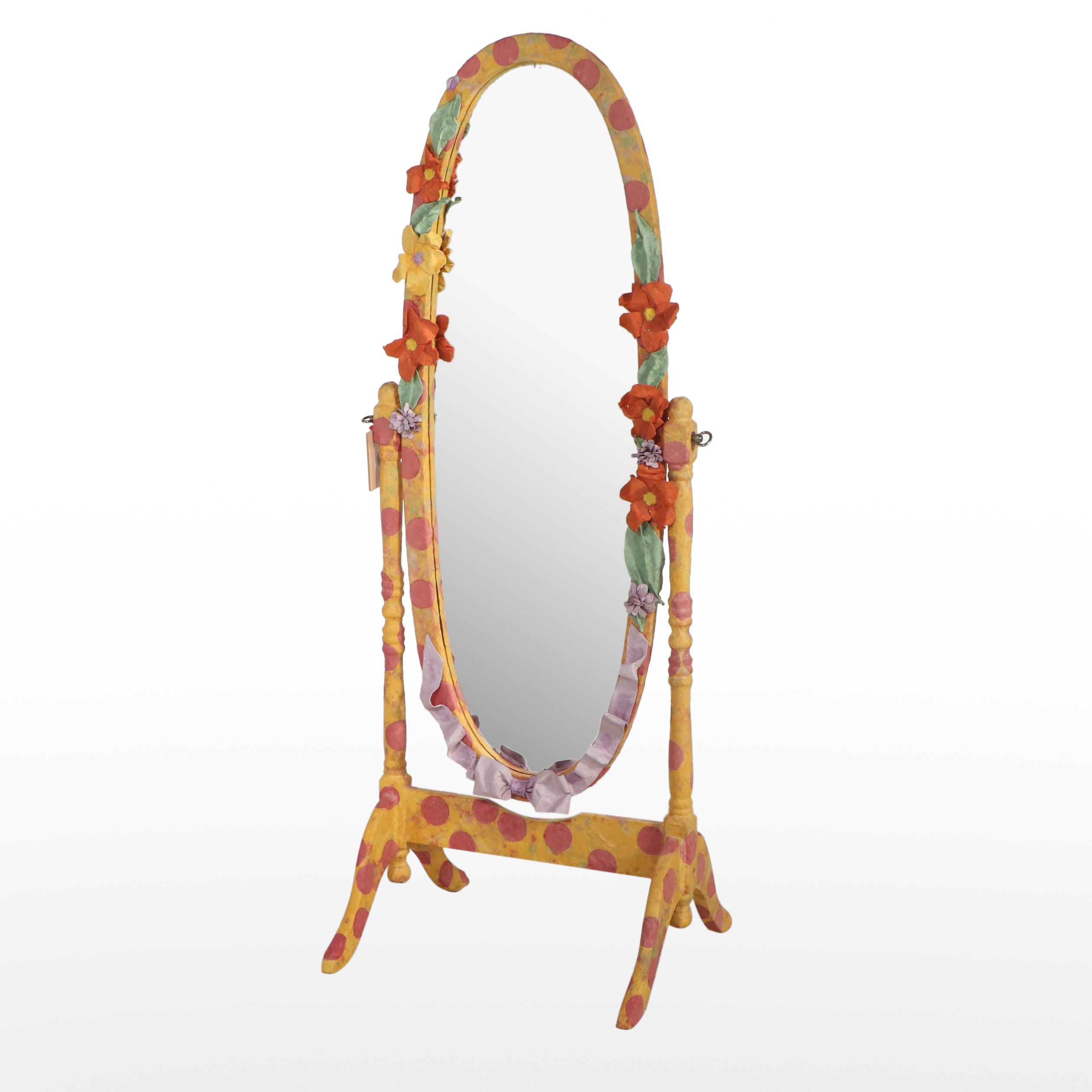Whimsically Hand-Painted and Embellished Oval Cheval Mirror
